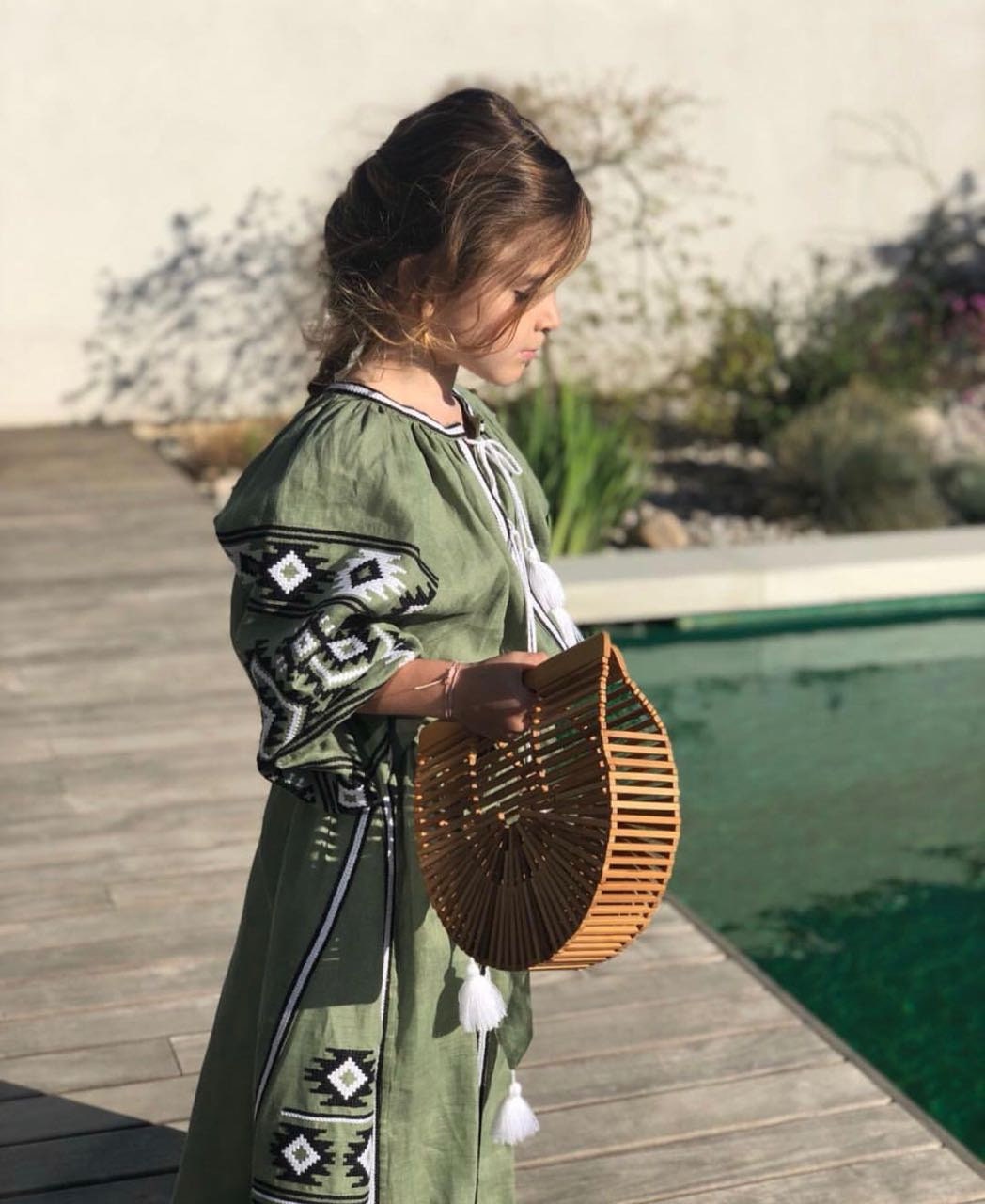 Ukrainian Vyshyvanka Green Embroidered Linen Dress for Women