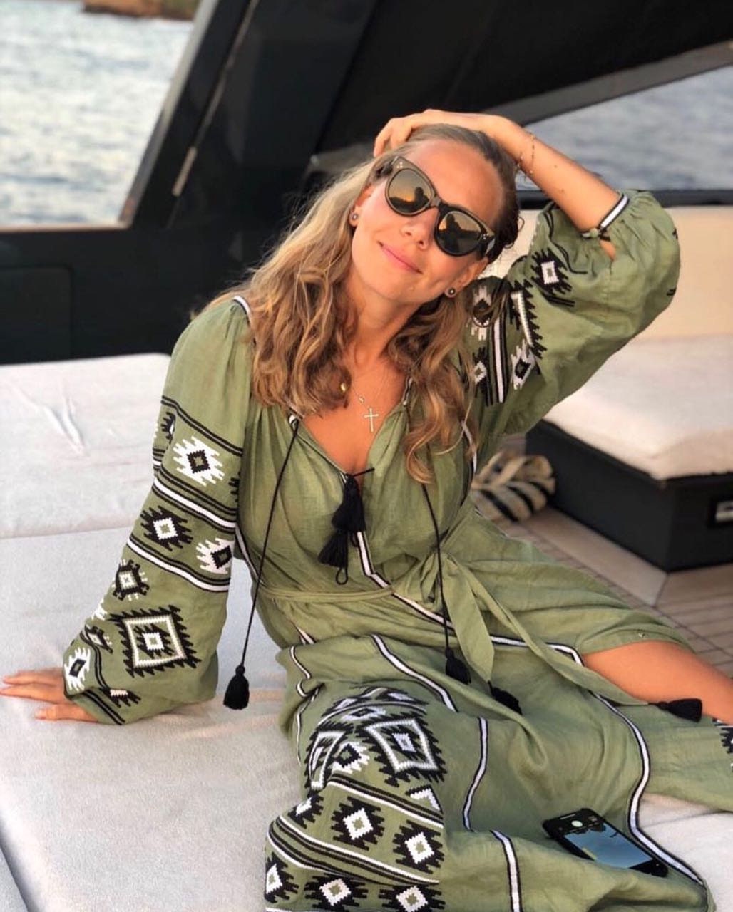 Ukrainian Vyshyvanka Green Embroidered Linen Dress for Women