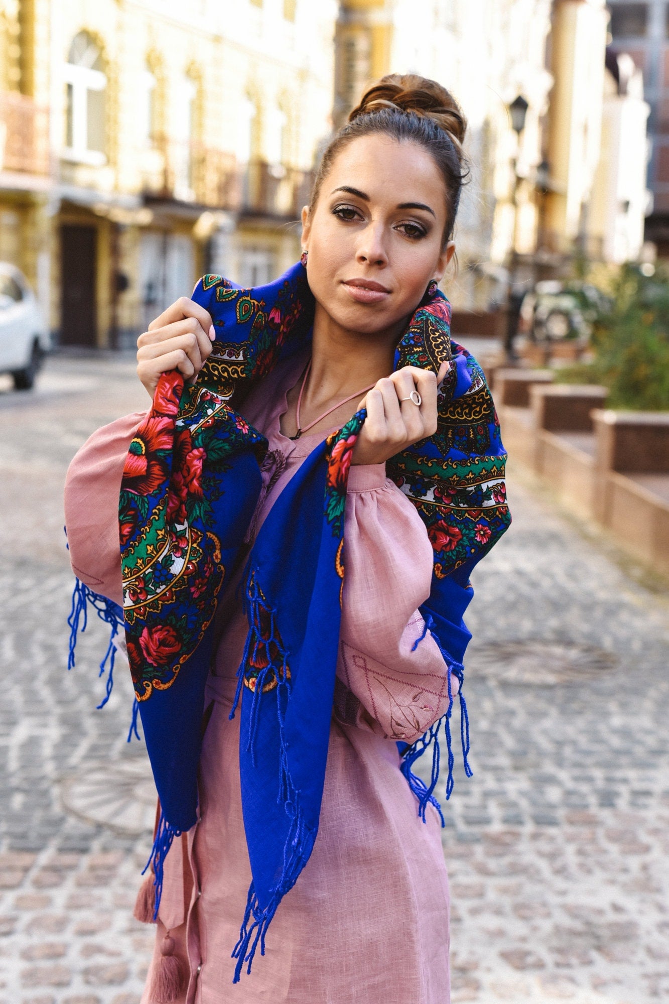 Ukrainian Blue Floral Scarf | Traditional Bohemian Shawl for Women