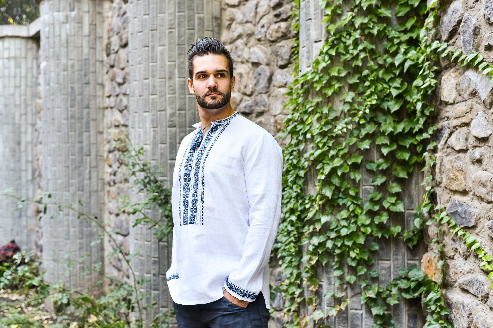 Handmade Men's Ukrainian Embroidered Shirt - Traditional White Style