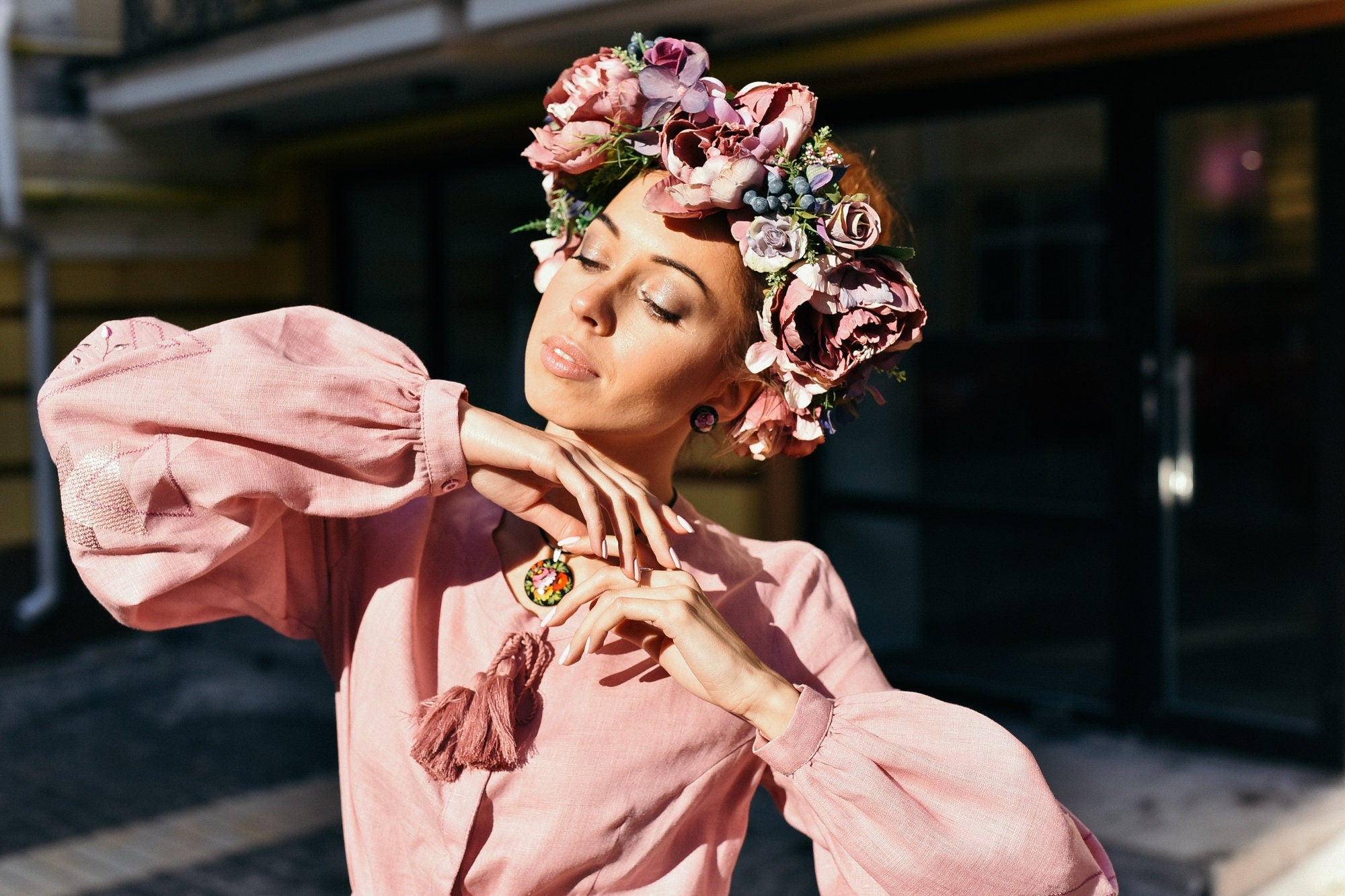 Colorful Floral Crown with 10 Ribbons - Pink and Deep Purple Wedding Hair Wreath