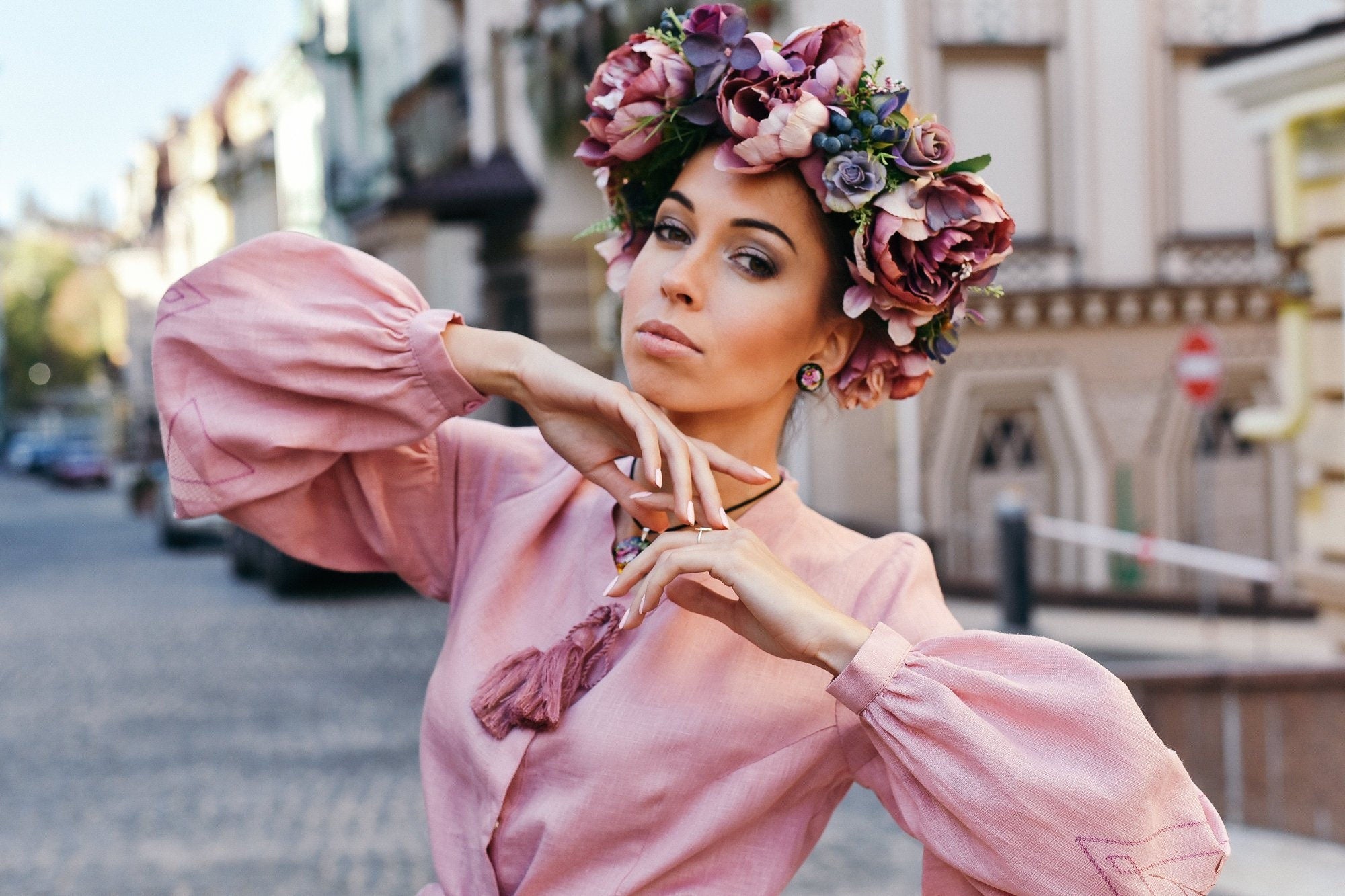 Colorful Floral Crown - Pink & Deep Purple Boho Wedding Halo Hair Wreath