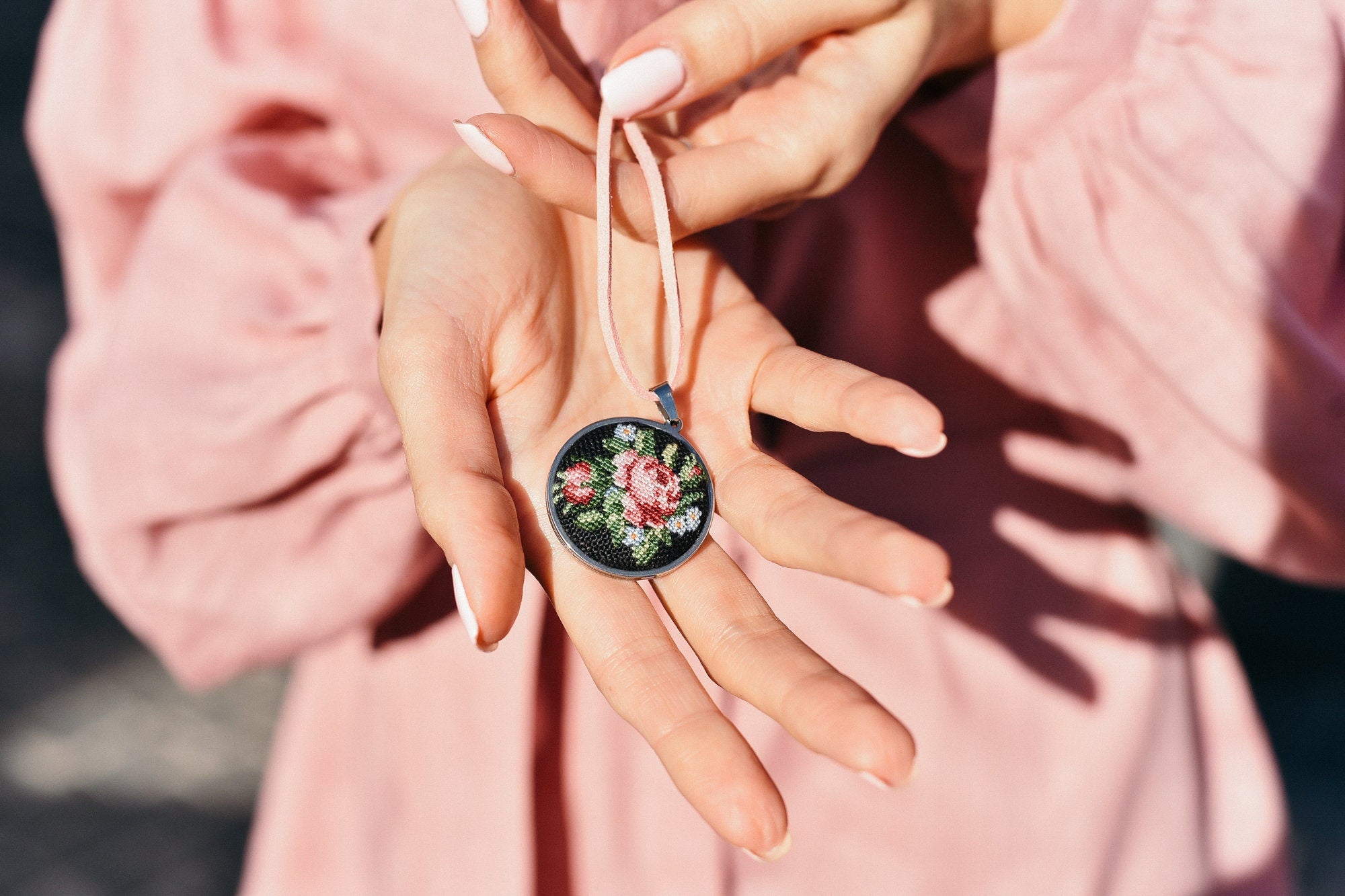 Embroidered Necklace with Pendant - Handcrafted Jewelry for Women