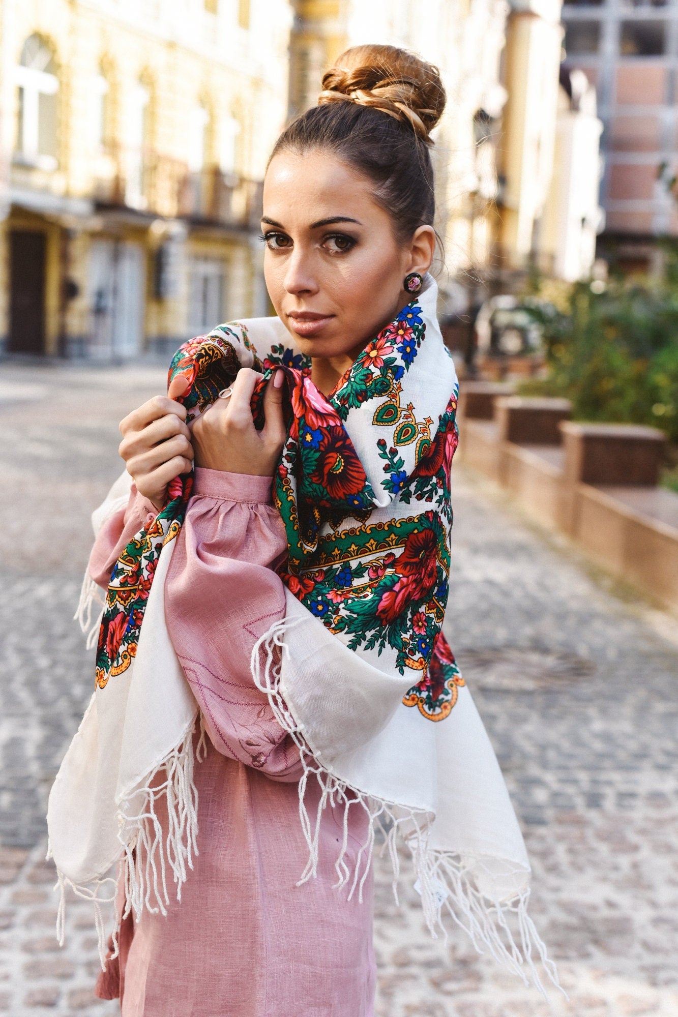 Traditional Ukrainian Shawl 120x120 cm - Bohemian Floral Scarf for Women