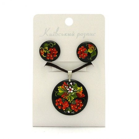 Wooden Earrings and Pendant Set - Petrykivka Handmade Ukrainian Folk Art Souvenir