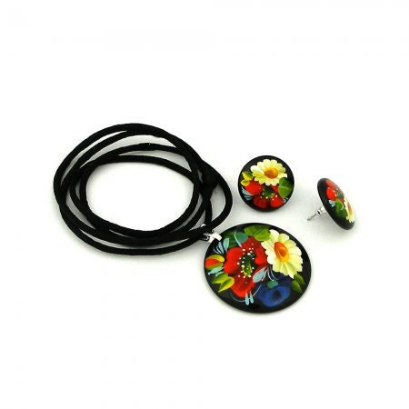 Wooden Earrings and Pendant Set - Petrykivka Handmade Ukrainian Folk Art Souvenir