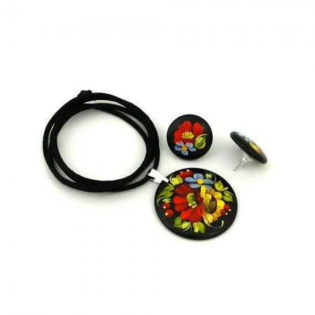 Wooden Earrings and Pendant Set - Petrykivka Handmade Ukrainian Folk Art Souvenir