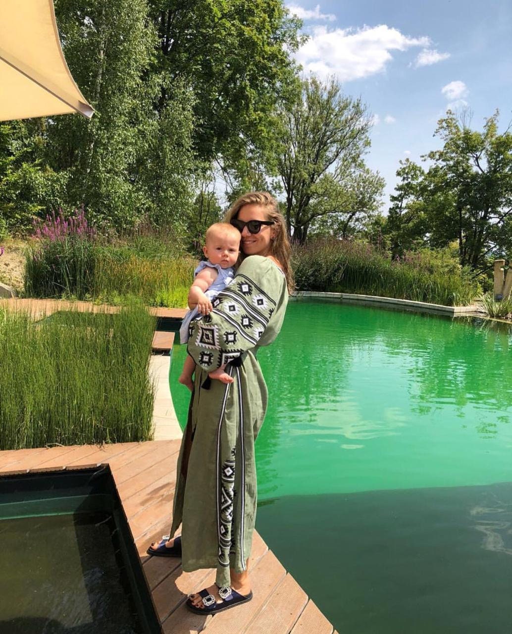 Ukrainian Vyshyvanka Green Embroidered Linen Dress for Women