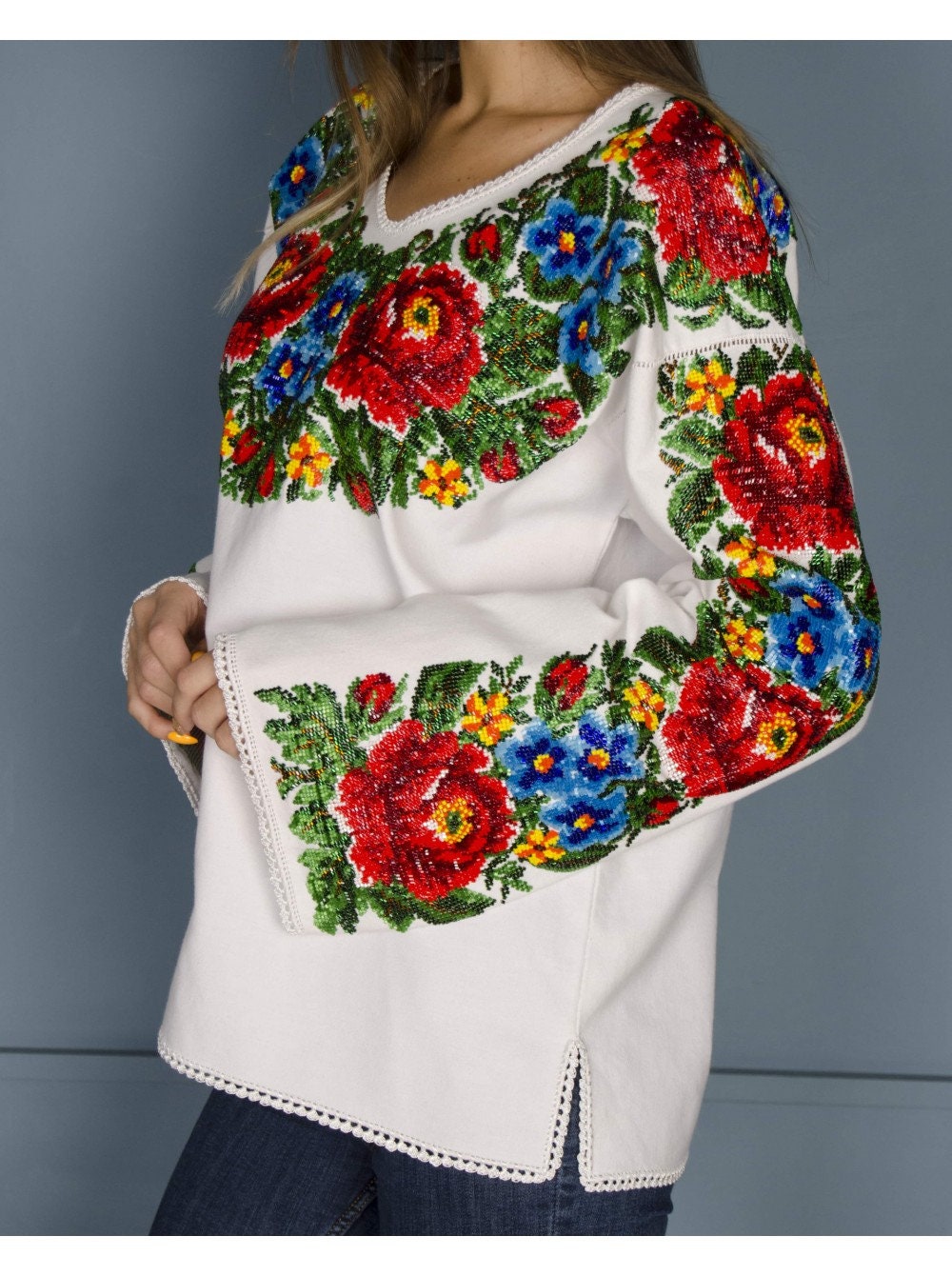 Handmade Ukrainian Vyshyvanka Blouse with Czech Beads - Boho Style