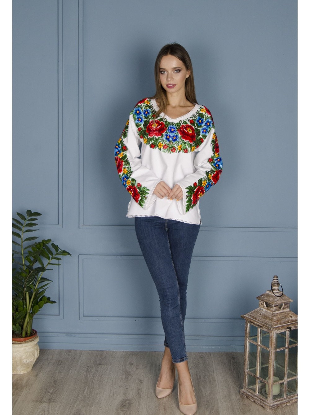 Handmade Ukrainian Vyshyvanka Blouse with Czech Beads - Boho Style