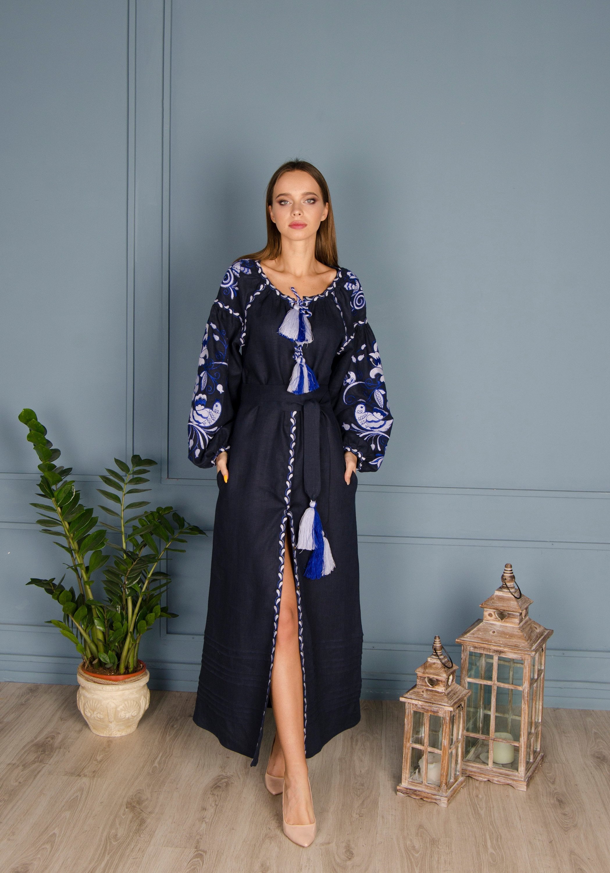 Blue Embroidered Ukrainian Vyshyvanka Dress - Boho Linen Dress for Women