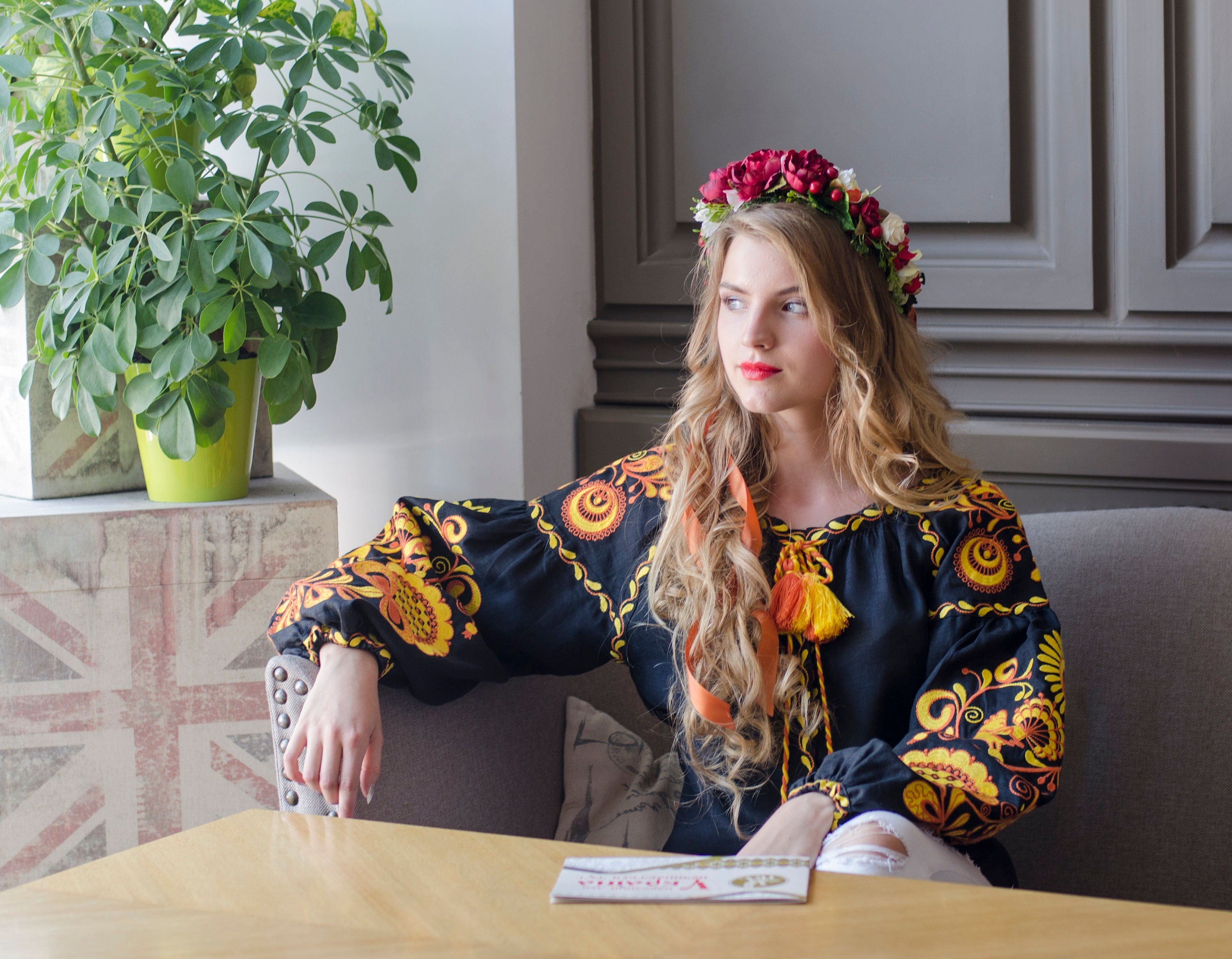 Black Ukrainian Vyshyvanka Blouse - Embroidered Bohemian Ethnic Shirt