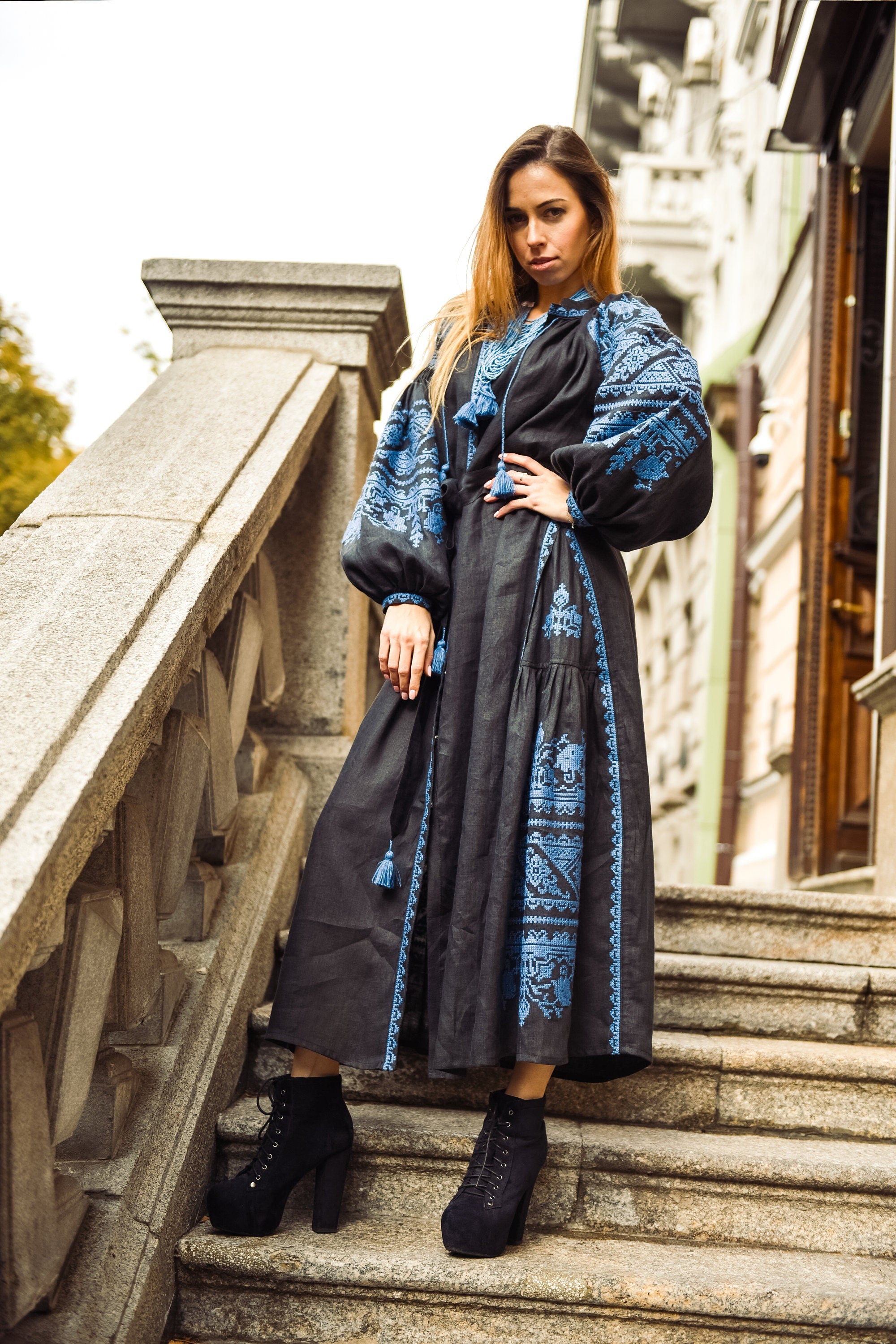 Black Embroidered Linen Kaftan Dress - Ukrainian Vyshyvanka Style