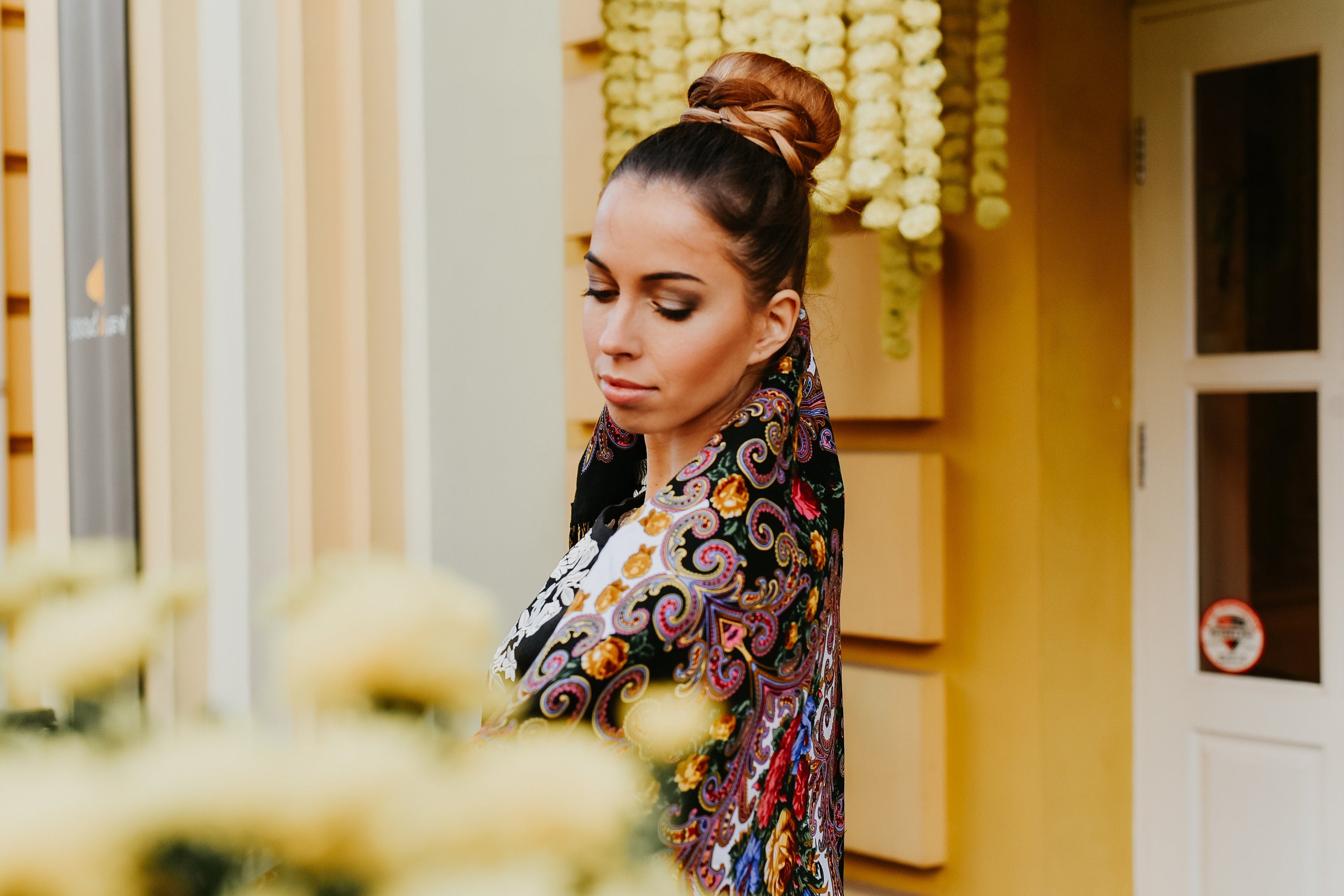 Ukrainian Wool Shawl 80% - Ethnic Floral Scarf, Traditional Hijab