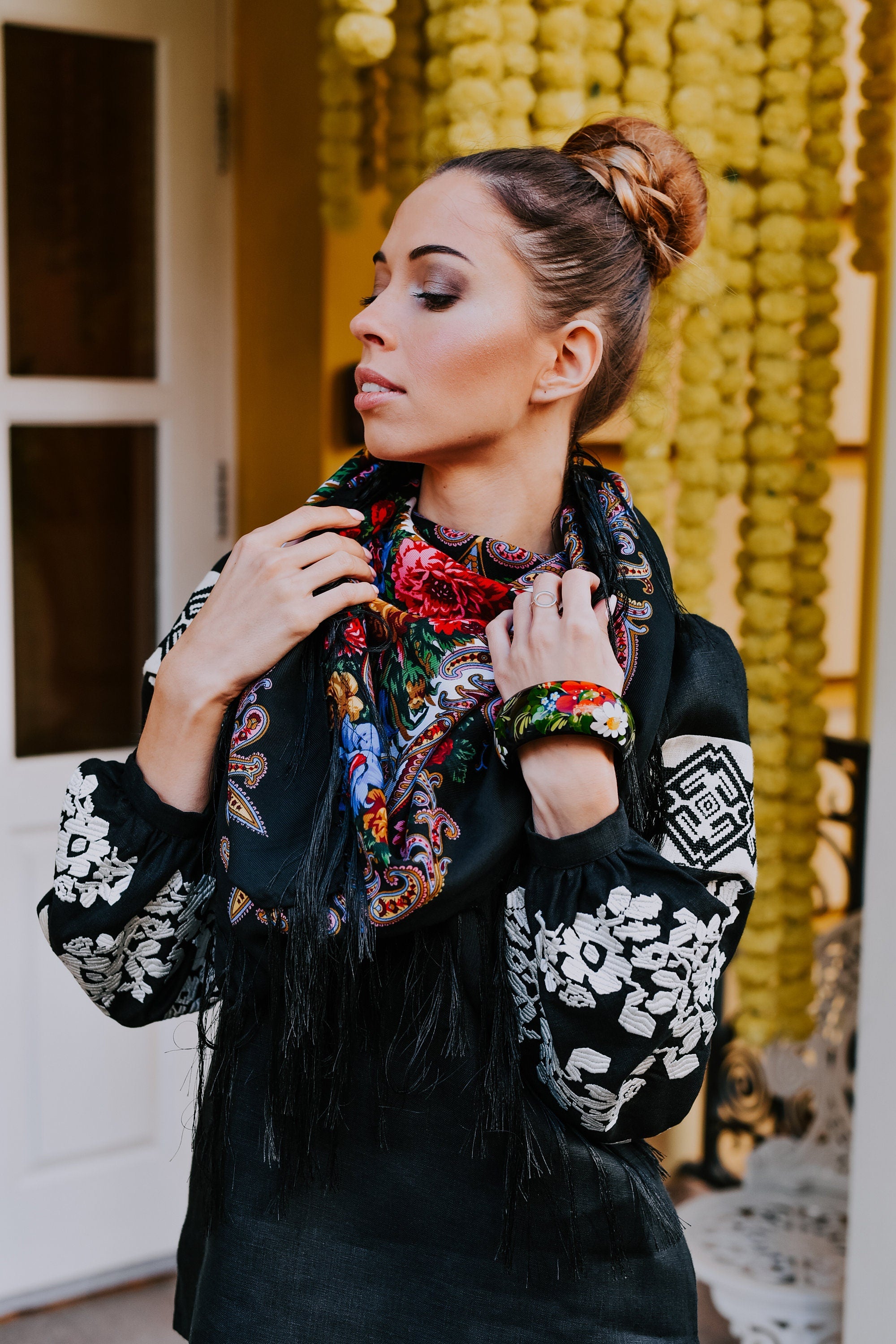 Ukrainian Wool Shawl 80% - Ethnic Floral Scarf, Traditional Hijab