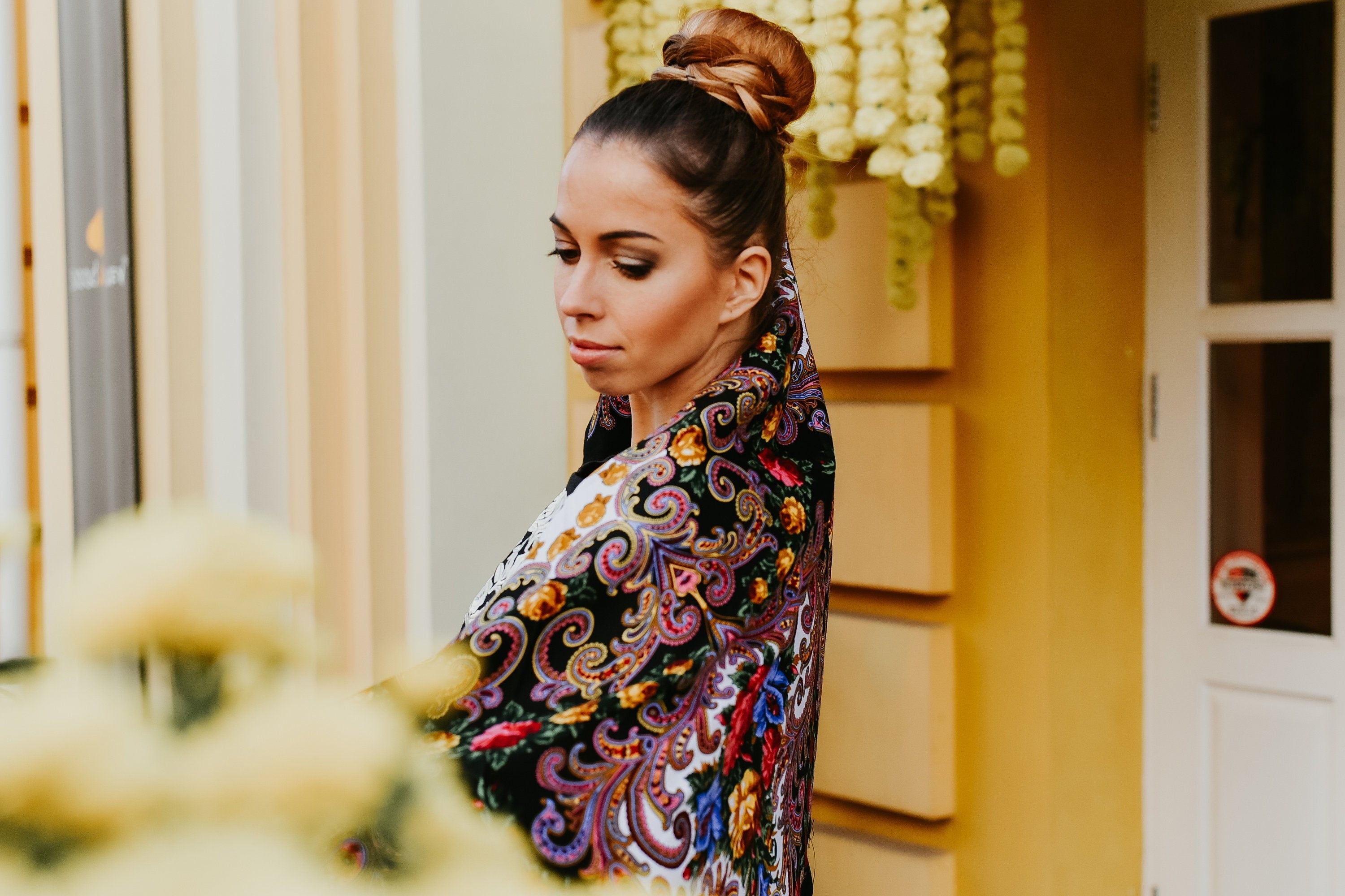 Ukrainian Wool Shawl 80% - Ethnic Floral Scarf, Traditional Hijab