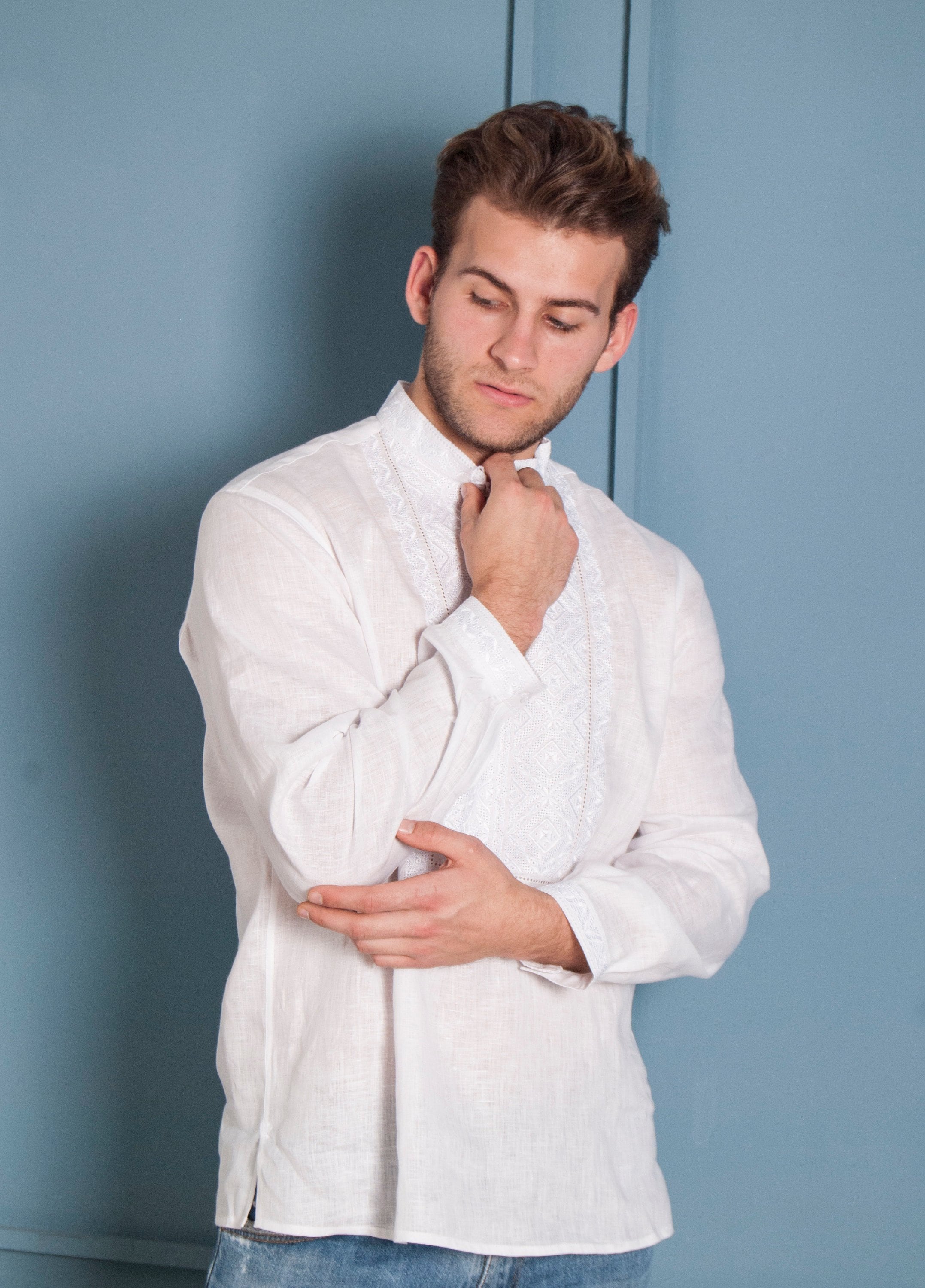 Men’s White Ukrainian Vyshyvanka Embroidered Shirt for Easter