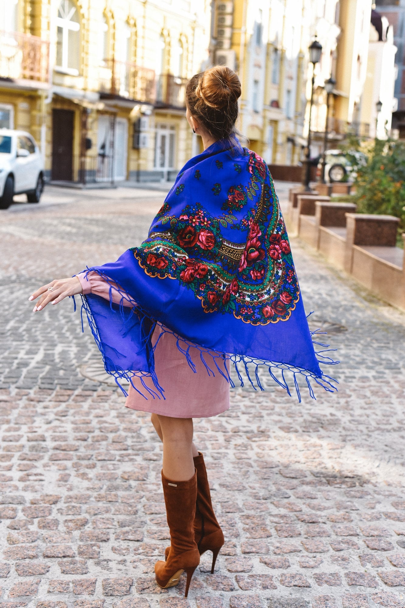Ukrainian Blue Floral Scarf | Traditional Bohemian Shawl for Women