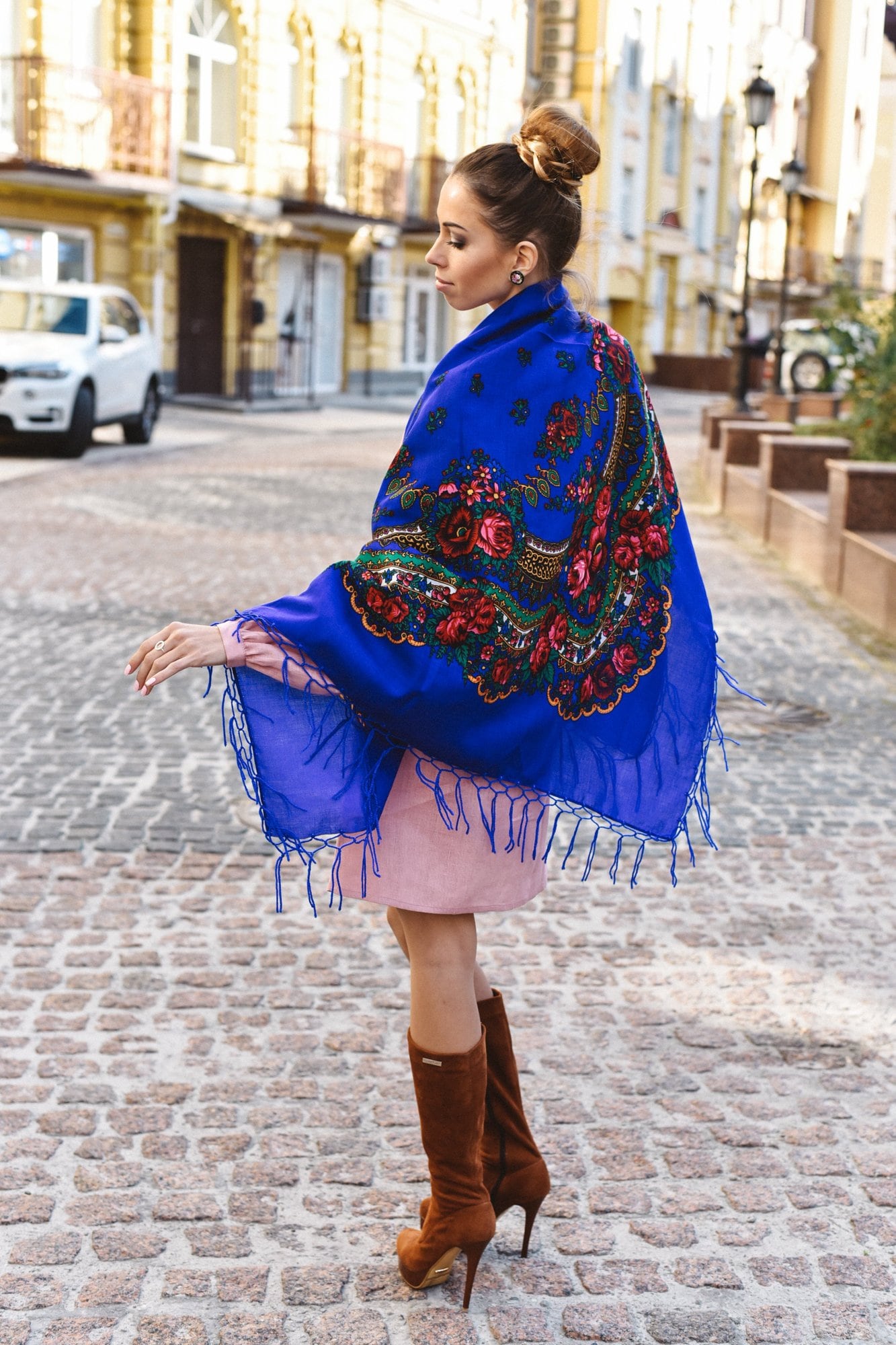 Ukrainian Blue Floral Scarf | Traditional Bohemian Shawl for Women