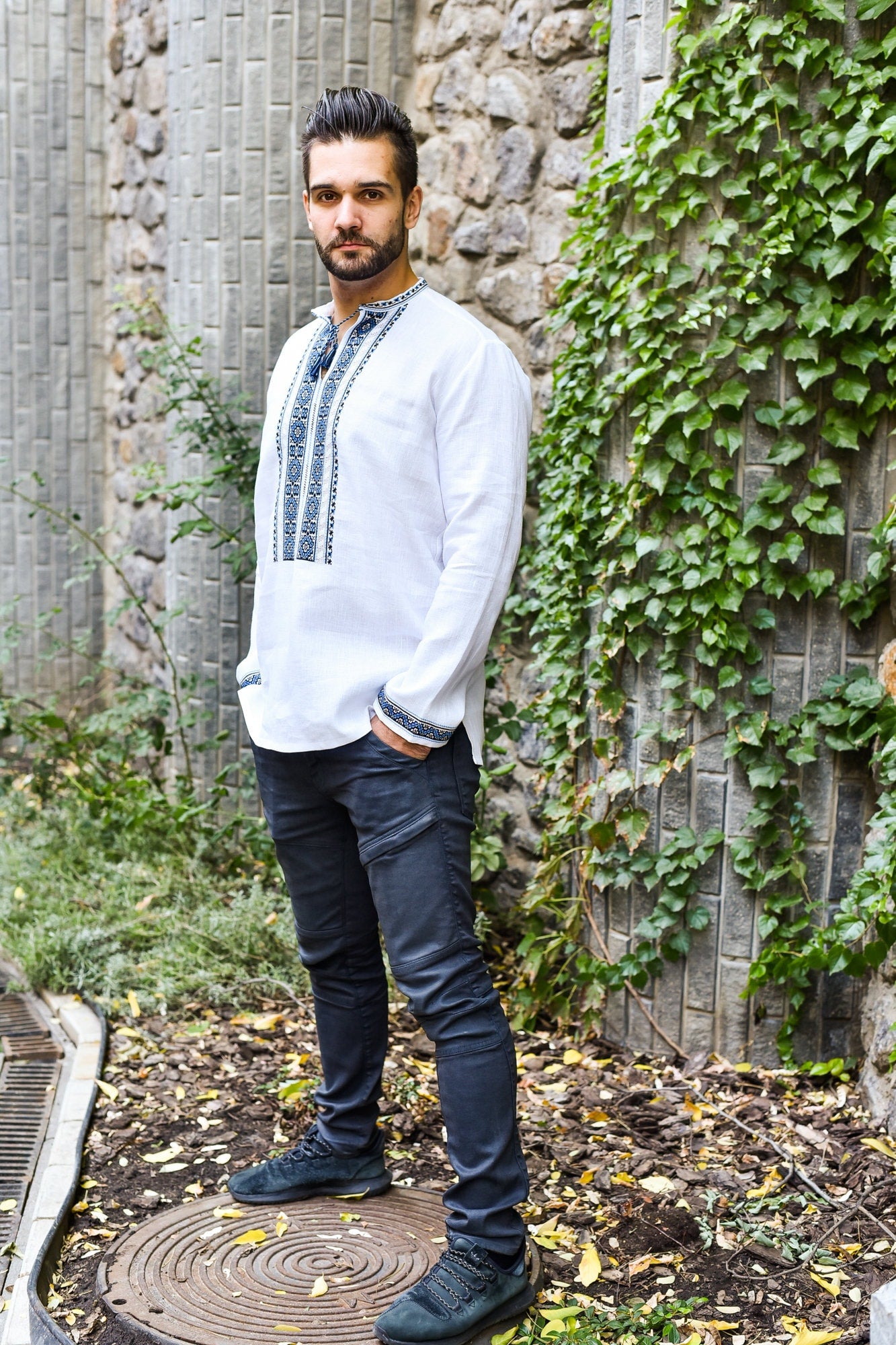 Handmade Men's Ukrainian Embroidered Shirt - Traditional White Style