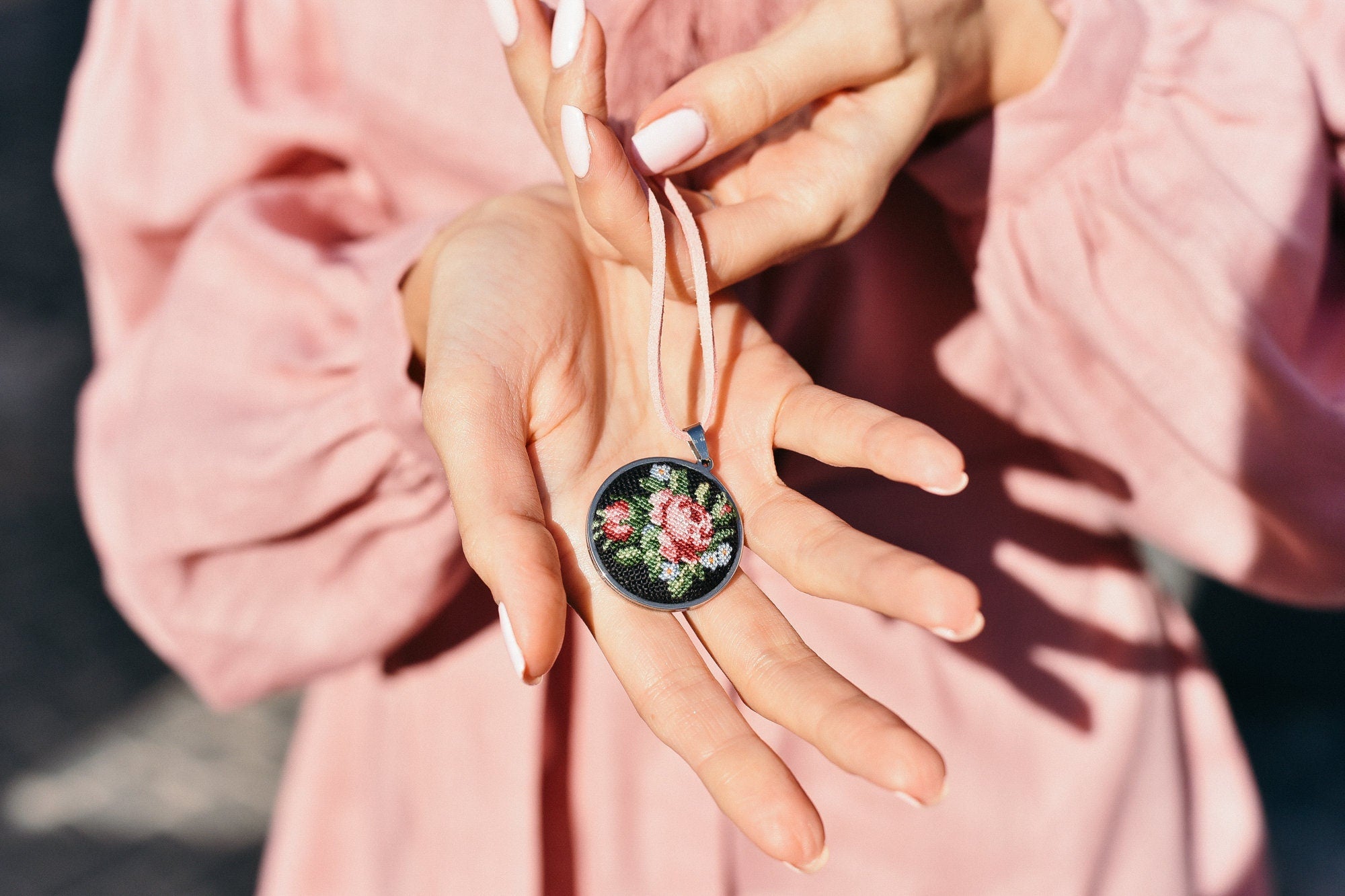 Embroidered Necklace with Pendant - Handcrafted Jewelry for Women