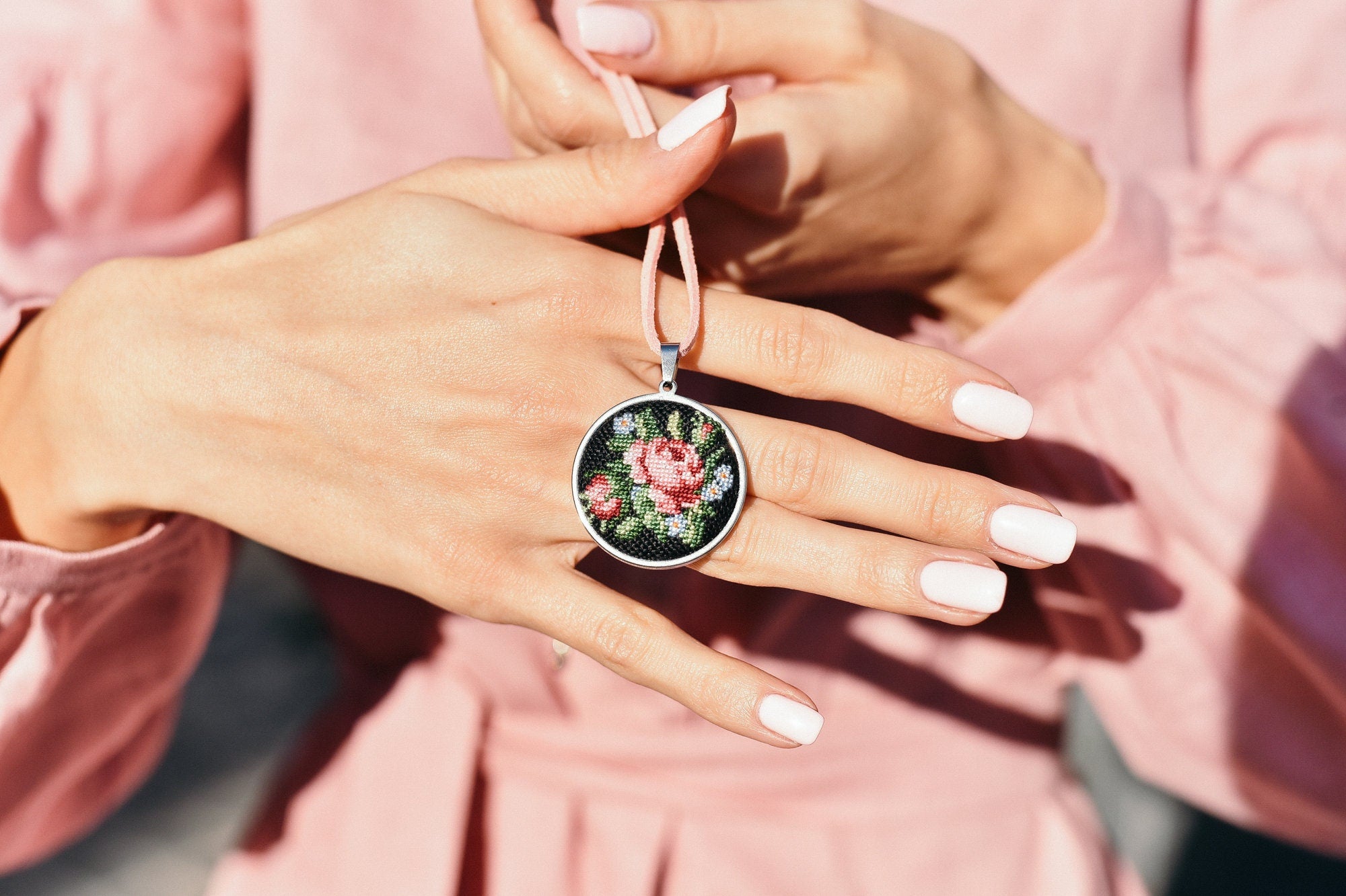 Embroidered Necklace with Pendant - Handcrafted Jewelry for Women