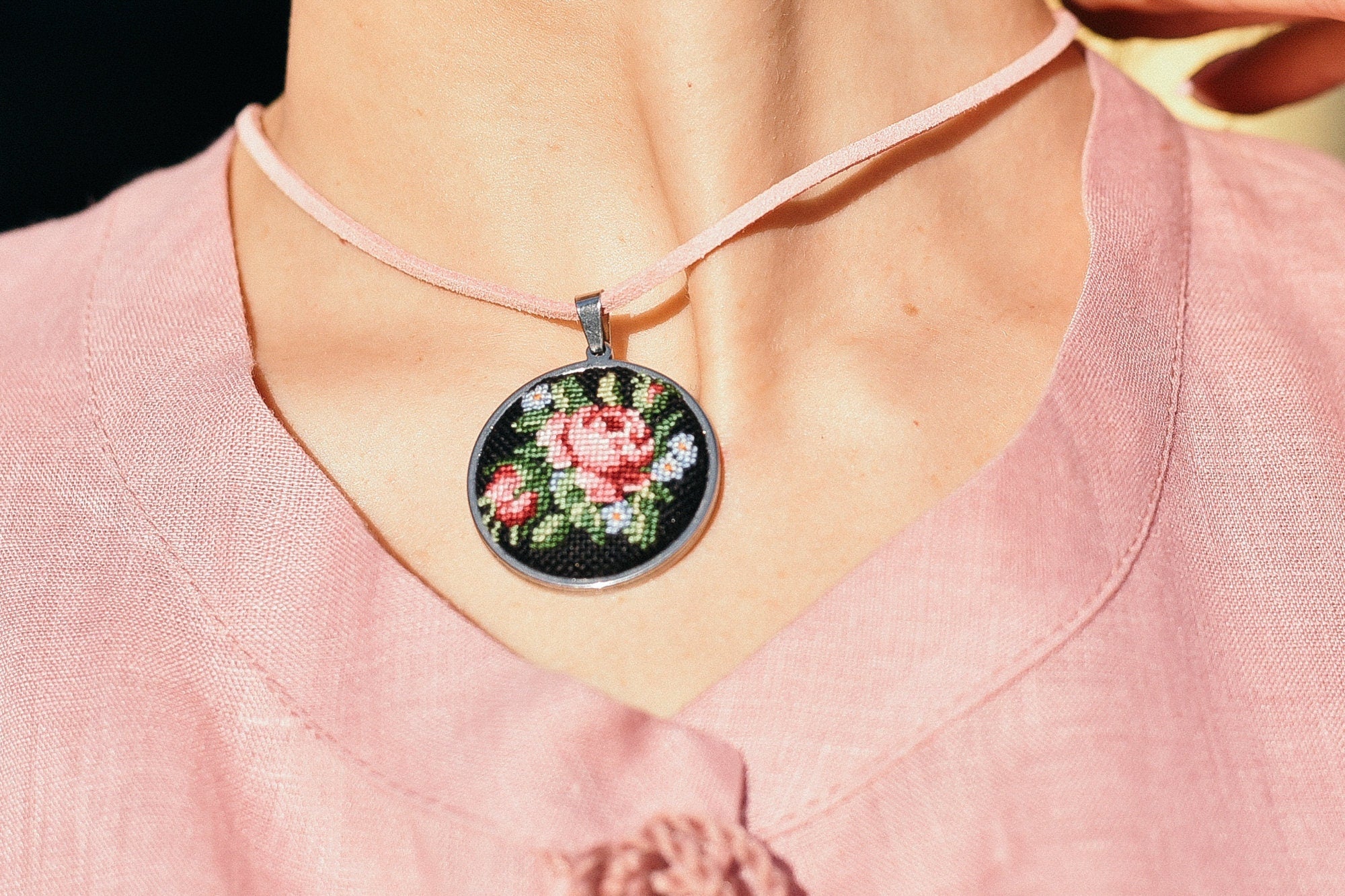 Embroidered Necklace with Pendant - Handcrafted Jewelry for Women