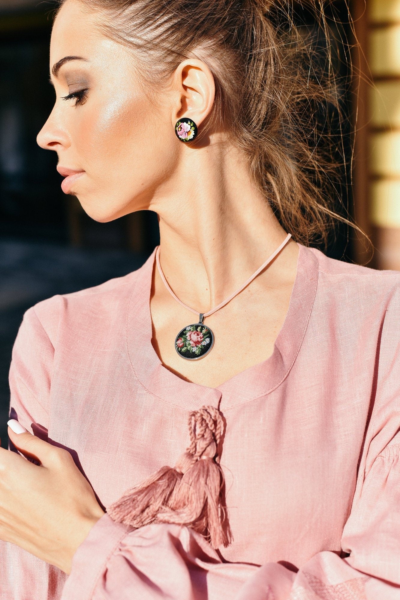 Embroidered Necklace with Pendant - Handcrafted Jewelry for Women