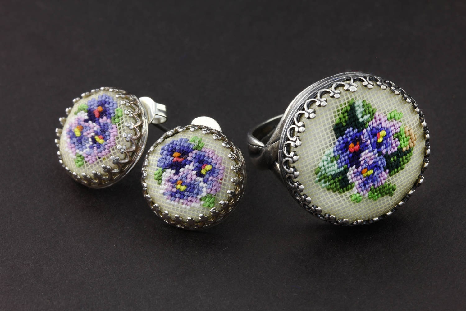Embroidered Earrings and Ring Set - Handcrafted Jewelry by Ukrainian Artisan for Valentine's Day