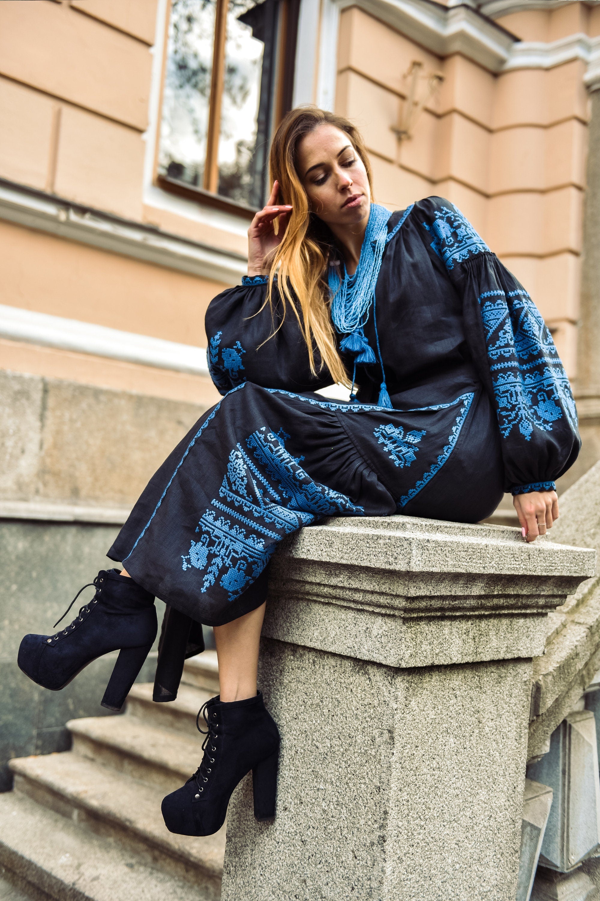 Black Linen Embroidered Vyshyvanka Dress for Women