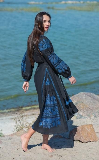 Black Linen Embroidered Vyshyvanka Dress for Women