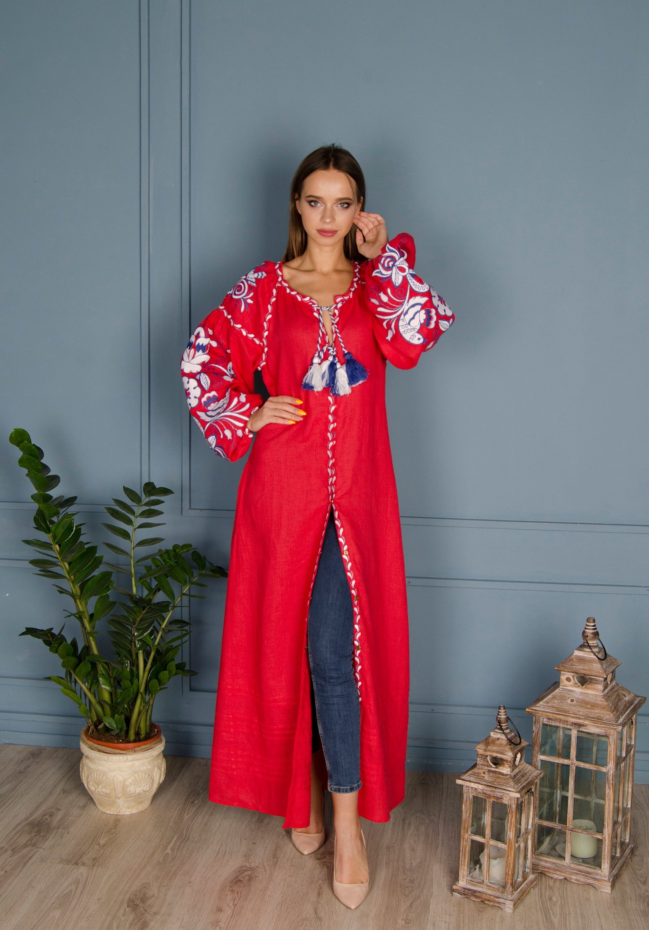 Ukrainian Vyshyvanka Embroidered Red Linen Dress for Women