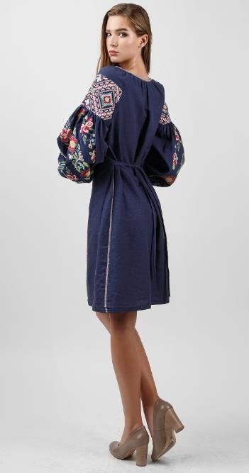 Ukrainian Vyshyvanka Linen Boho Dress - Blue Embroidered Women's Folk Dress