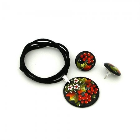 Wooden Earrings and Pendant Set - Petrykivka Handmade Ukrainian Folk Art Souvenir