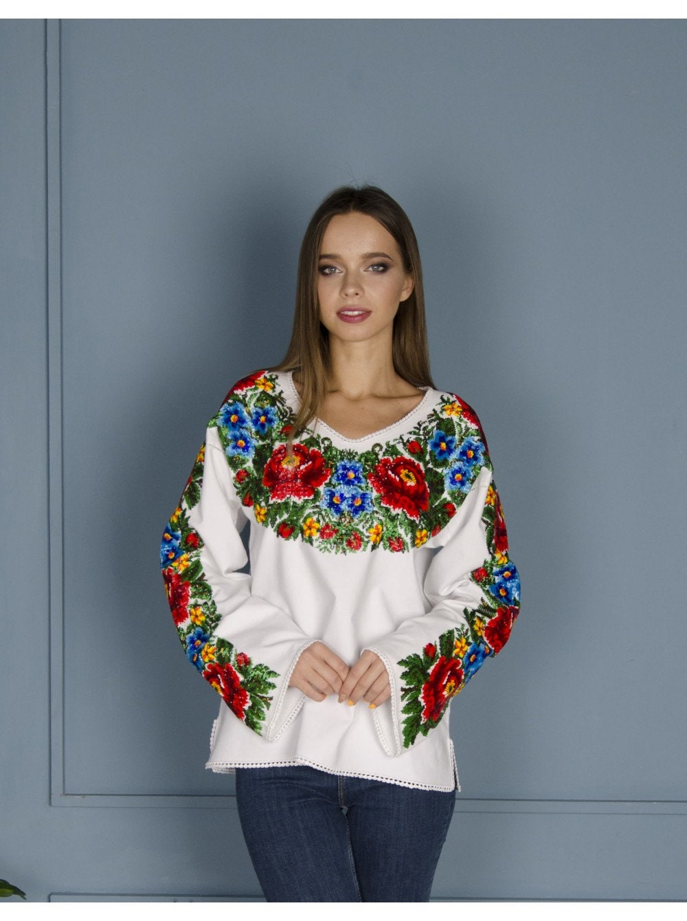 Handmade Ukrainian Vyshyvanka Blouse with Czech Beads - Boho Style