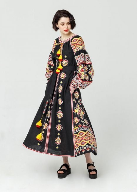 Linen Black Embroidered Ukrainian Vyshyvanka Dress - Boho Style