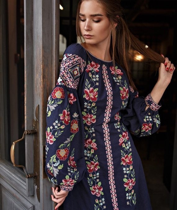 Ukrainian Vyshyvanka Dress - Embroidered Linen Folk Dress for Easter & Special Occasions