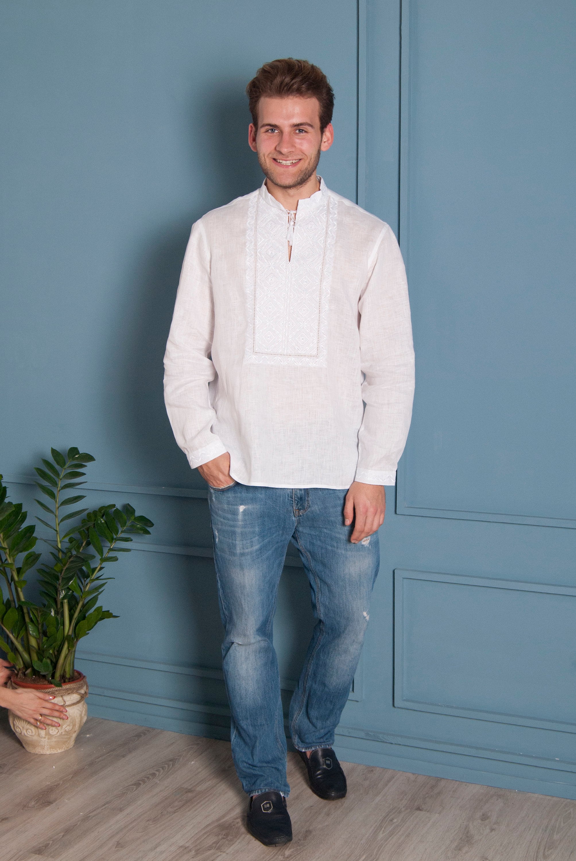 Men’s White Ukrainian Vyshyvanka Embroidered Shirt for Easter