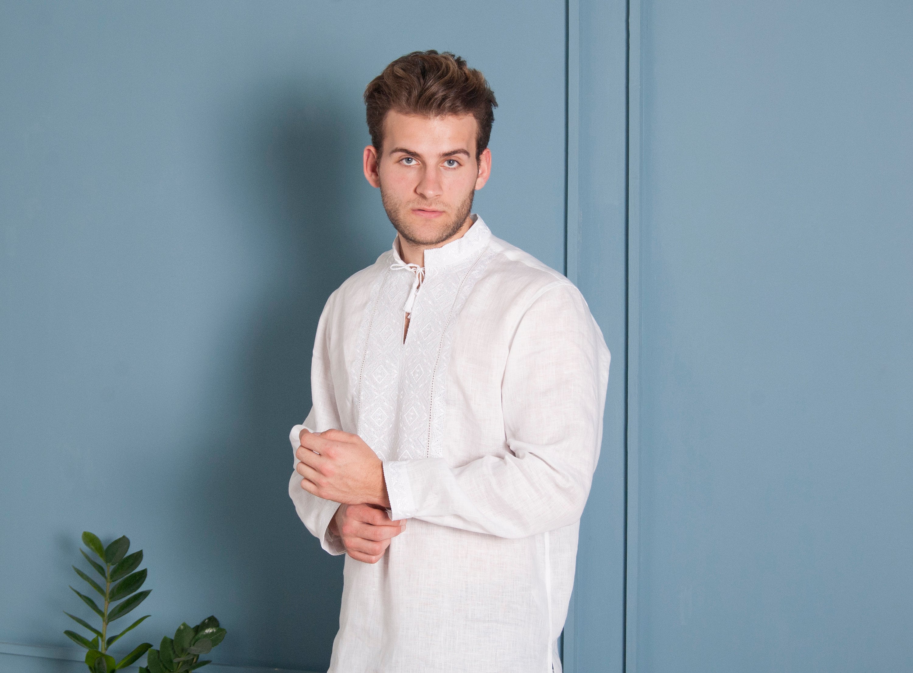 Men’s White Ukrainian Vyshyvanka Embroidered Shirt for Easter