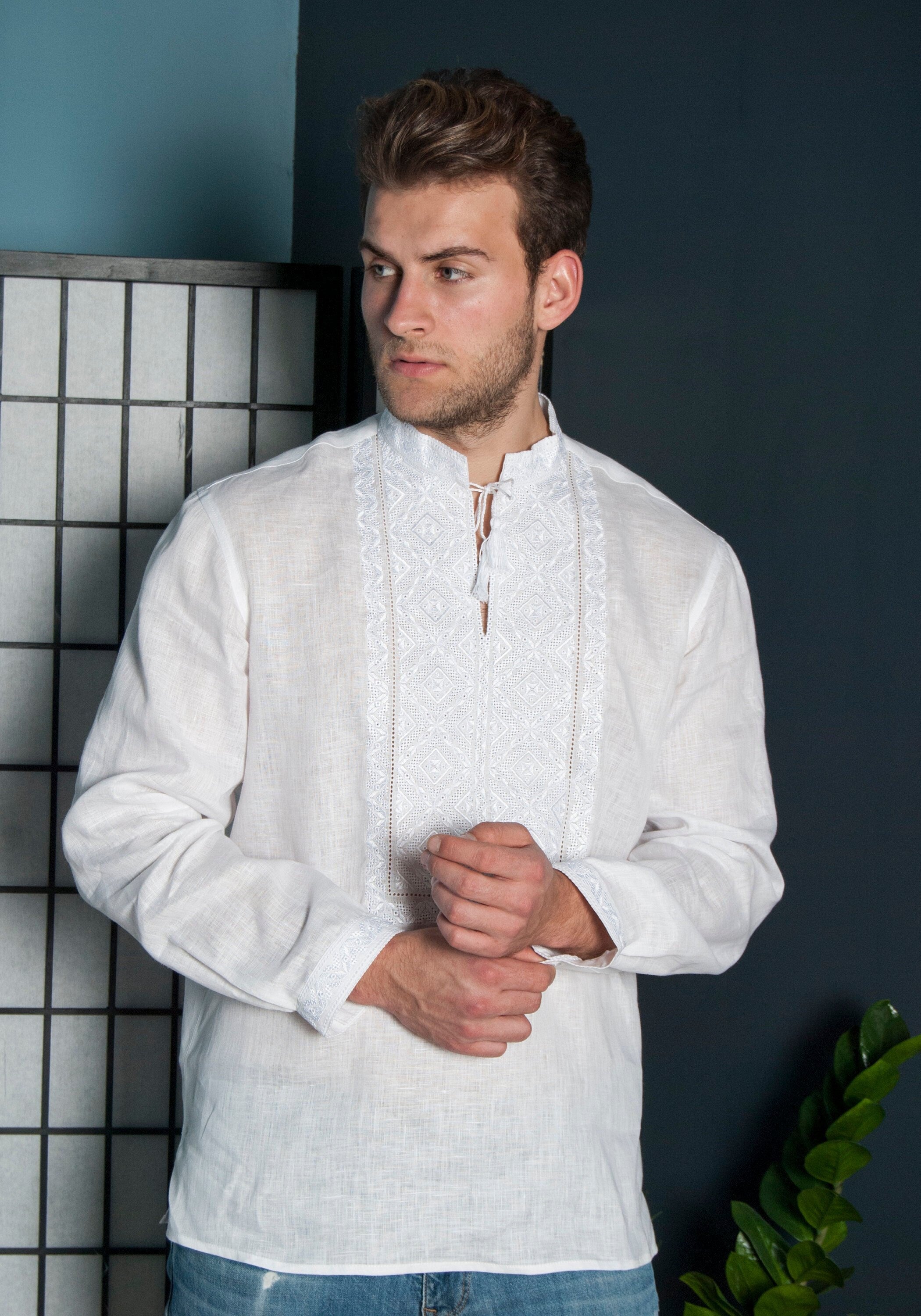 Men’s White Ukrainian Vyshyvanka Embroidered Shirt for Easter