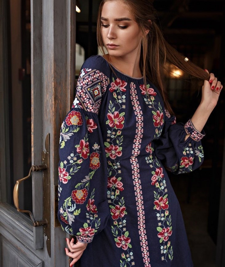 Blue Ukrainian Vyshyvanka Embroidered Dress for Women