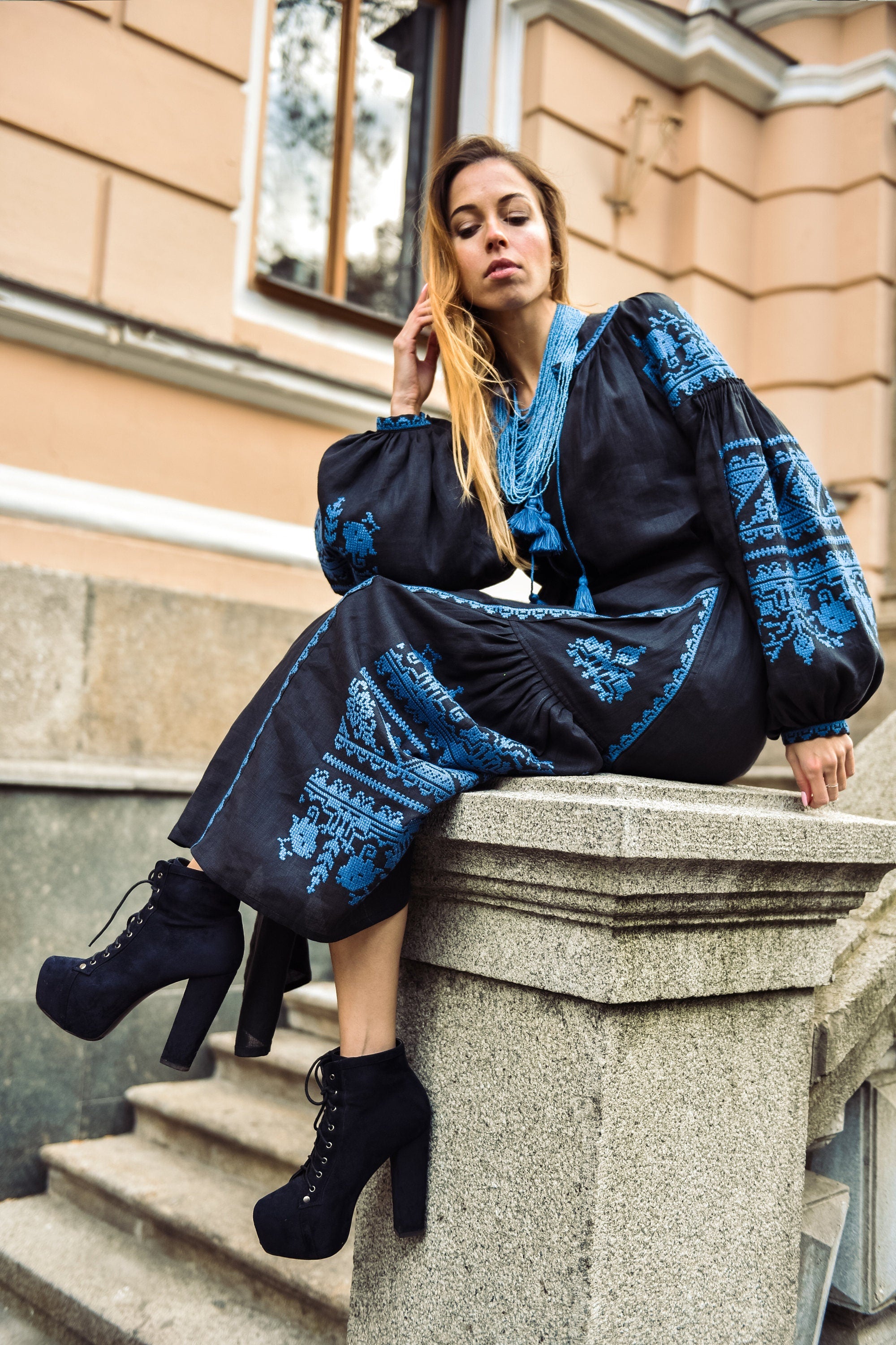 Black Linen Embroidered Vyshyvanka Dress for Women