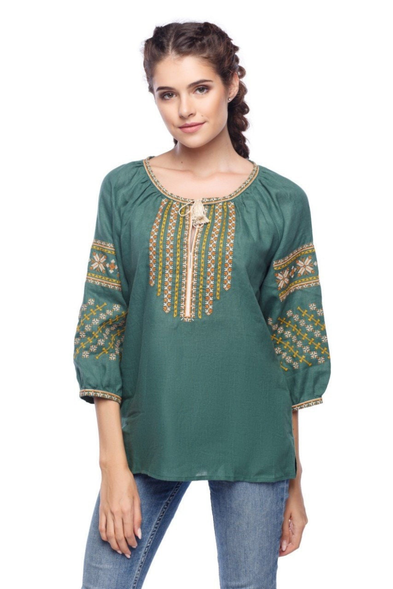 Green Ukrainian Vyshyvanka Linen Blouse - Embroidered Boho Ethnic Chic Peasant Top