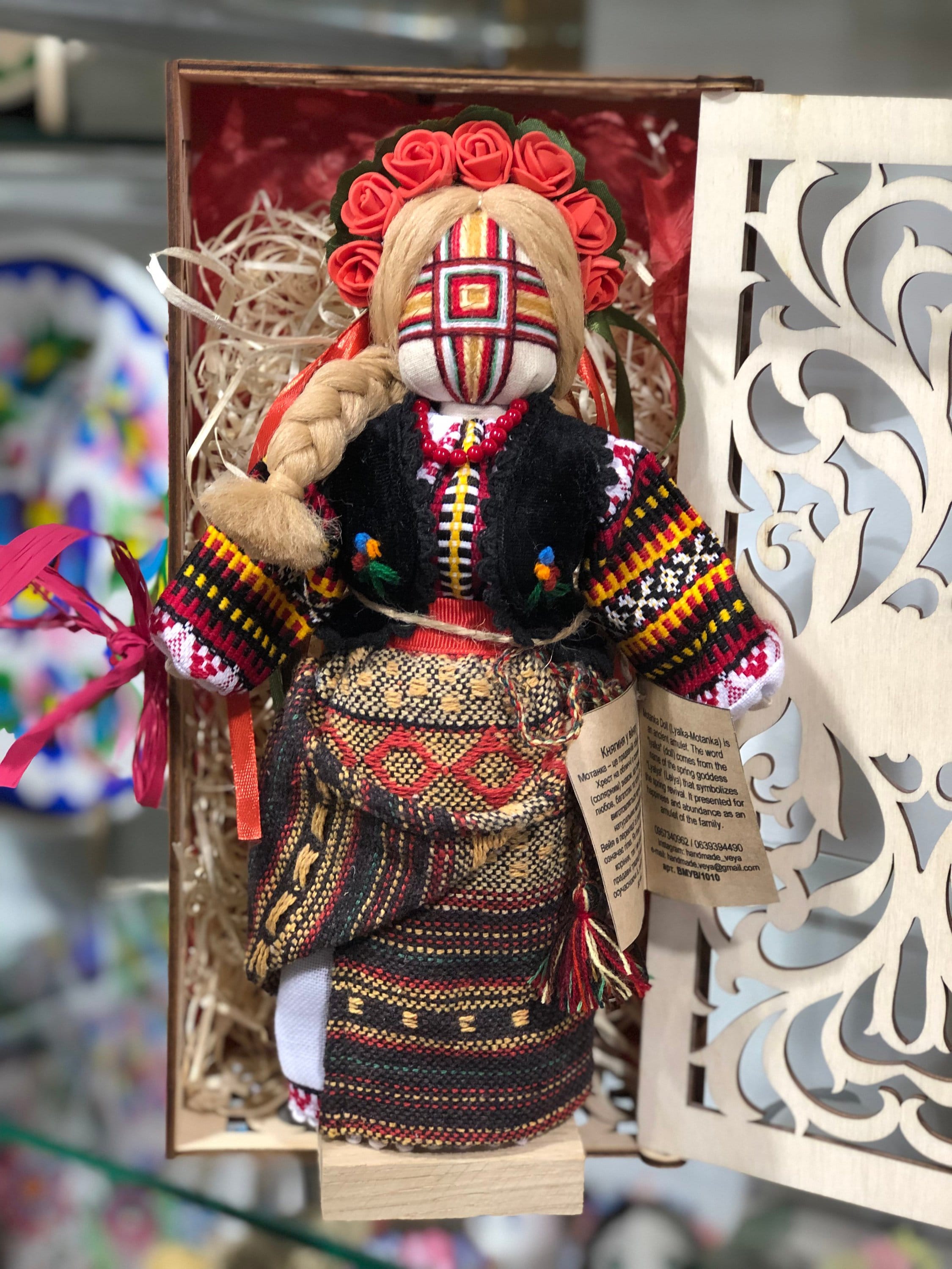 Unique Handmade Motanka Doll on Wooden Stand - Embroidered Princess Doll from Ukraine
