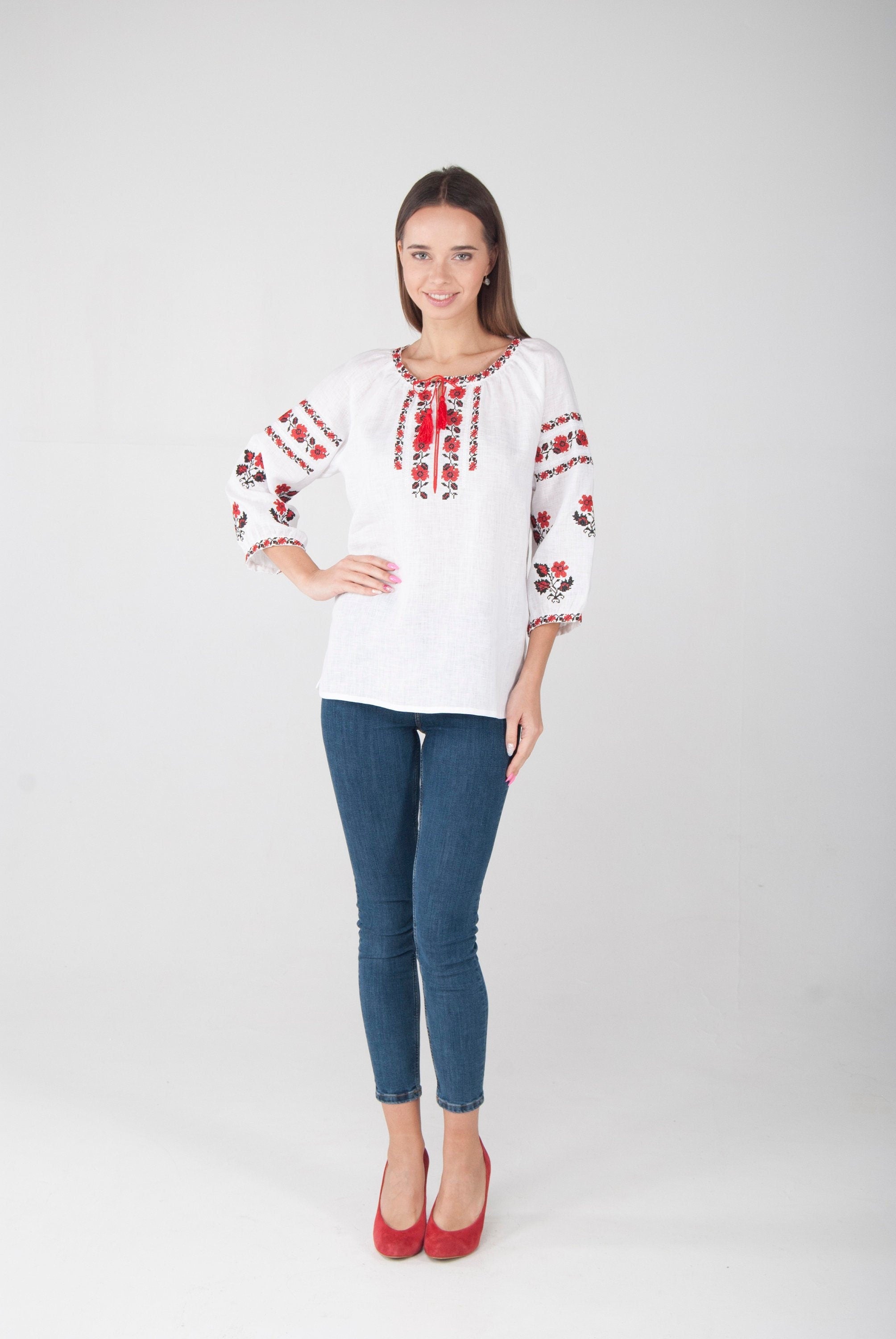 Embroidered White Linen Vyshyvanka Blouse with Red Details for Women