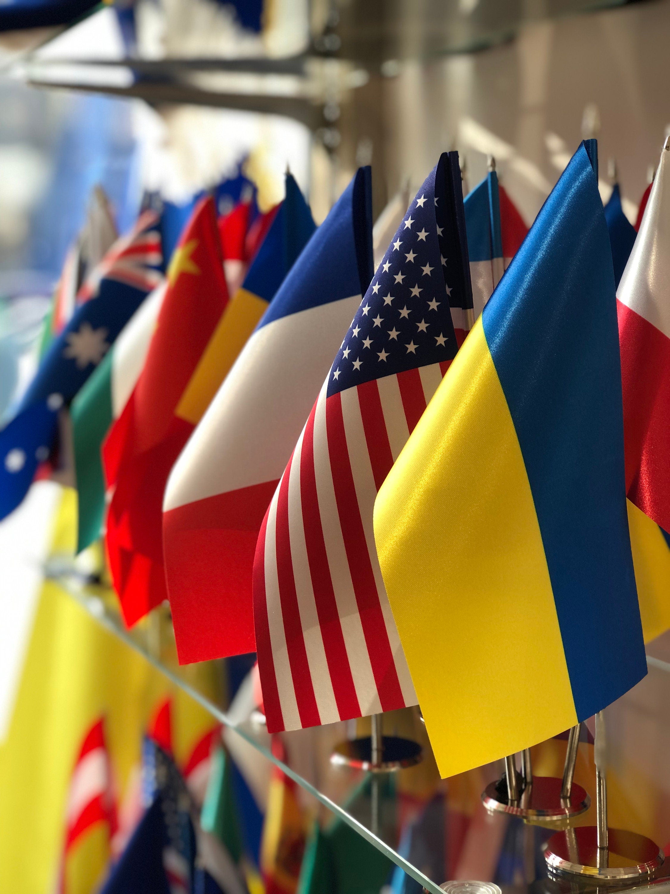 Ukraine Flag with Satin & Metal Stand – Table Display