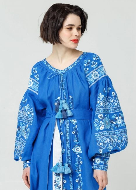 Blue Ukrainian Vyshyvanka Embroidered Dress - Boho Style from Ukraine