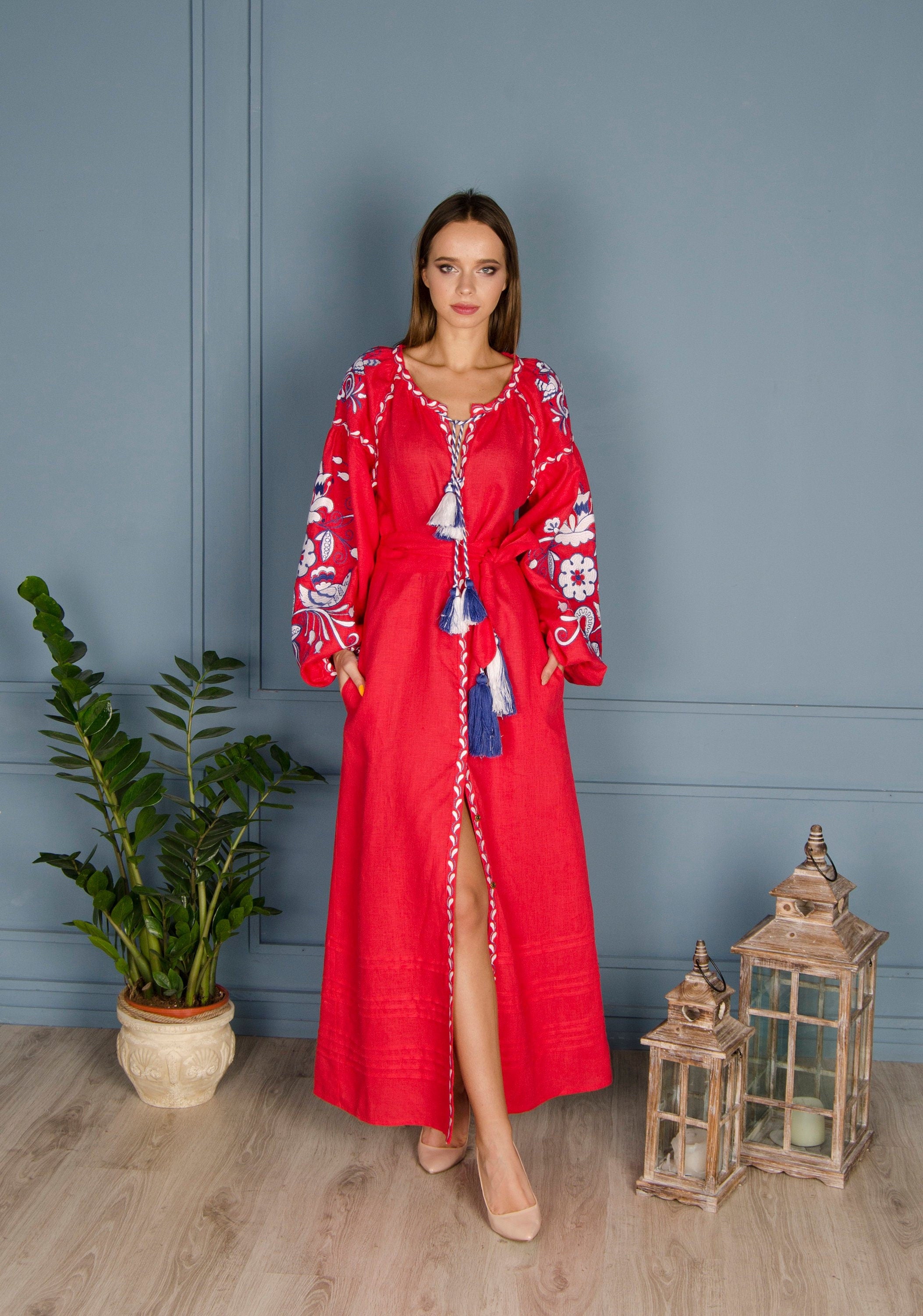 Ukrainian Vyshyvanka Linen Boho Dress - Red Folk Embroidered dress Ukraine