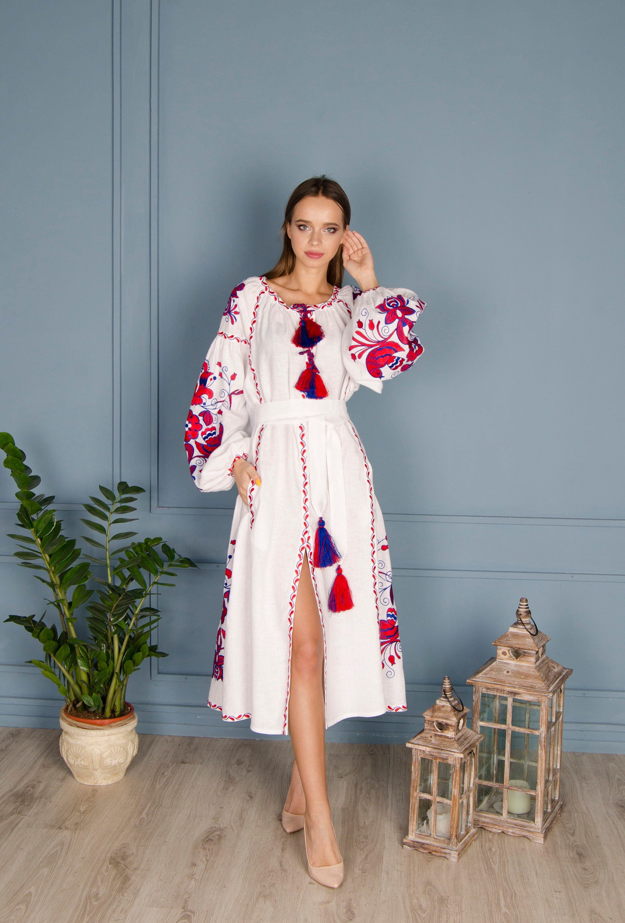 White Linen Ukrainian Vyshyvanka Dress - Women's Boho Embroidered Style