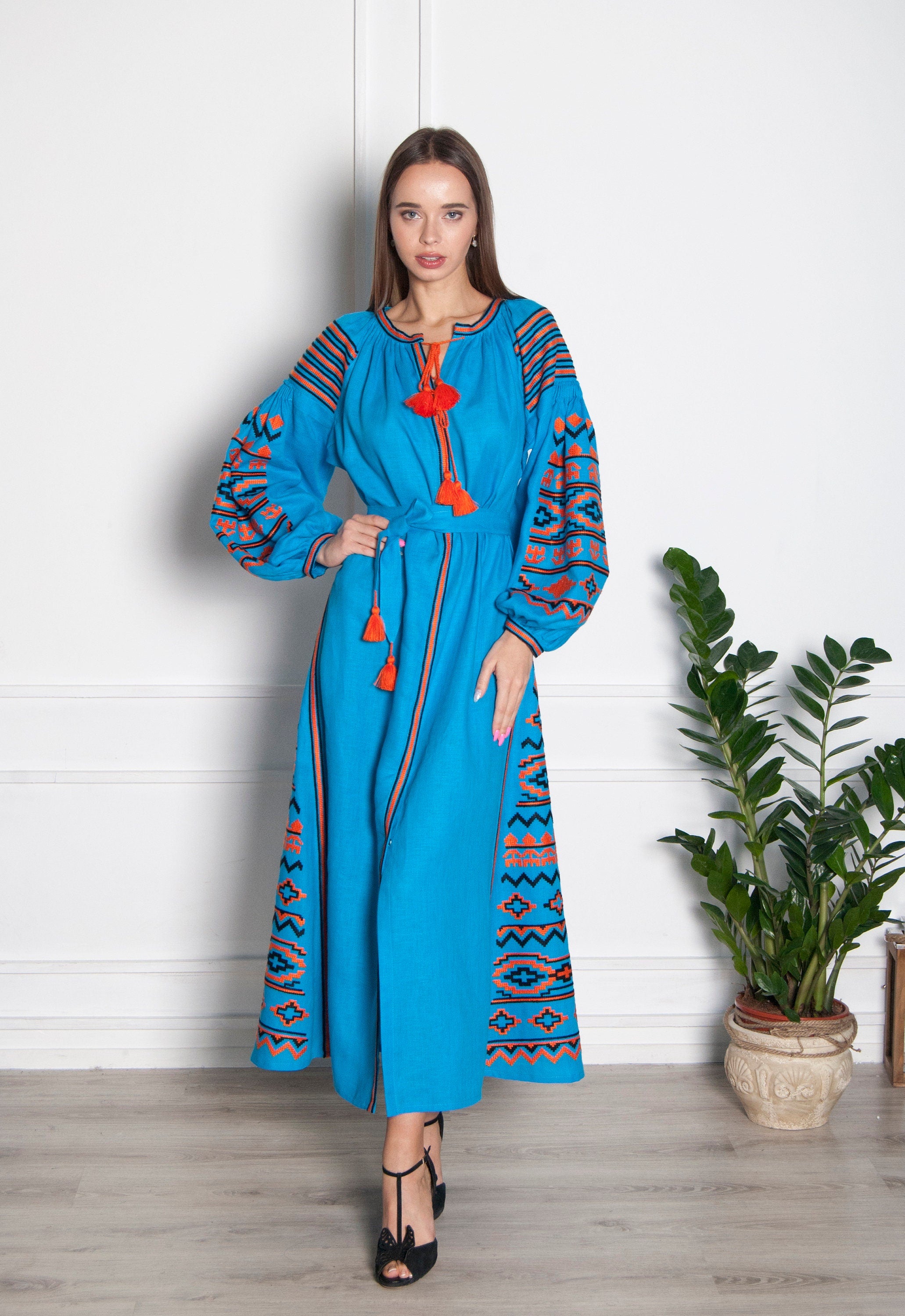 Embroidered Blue Linen Ukrainian Vyshyvanka Dress - Boho Style for Women